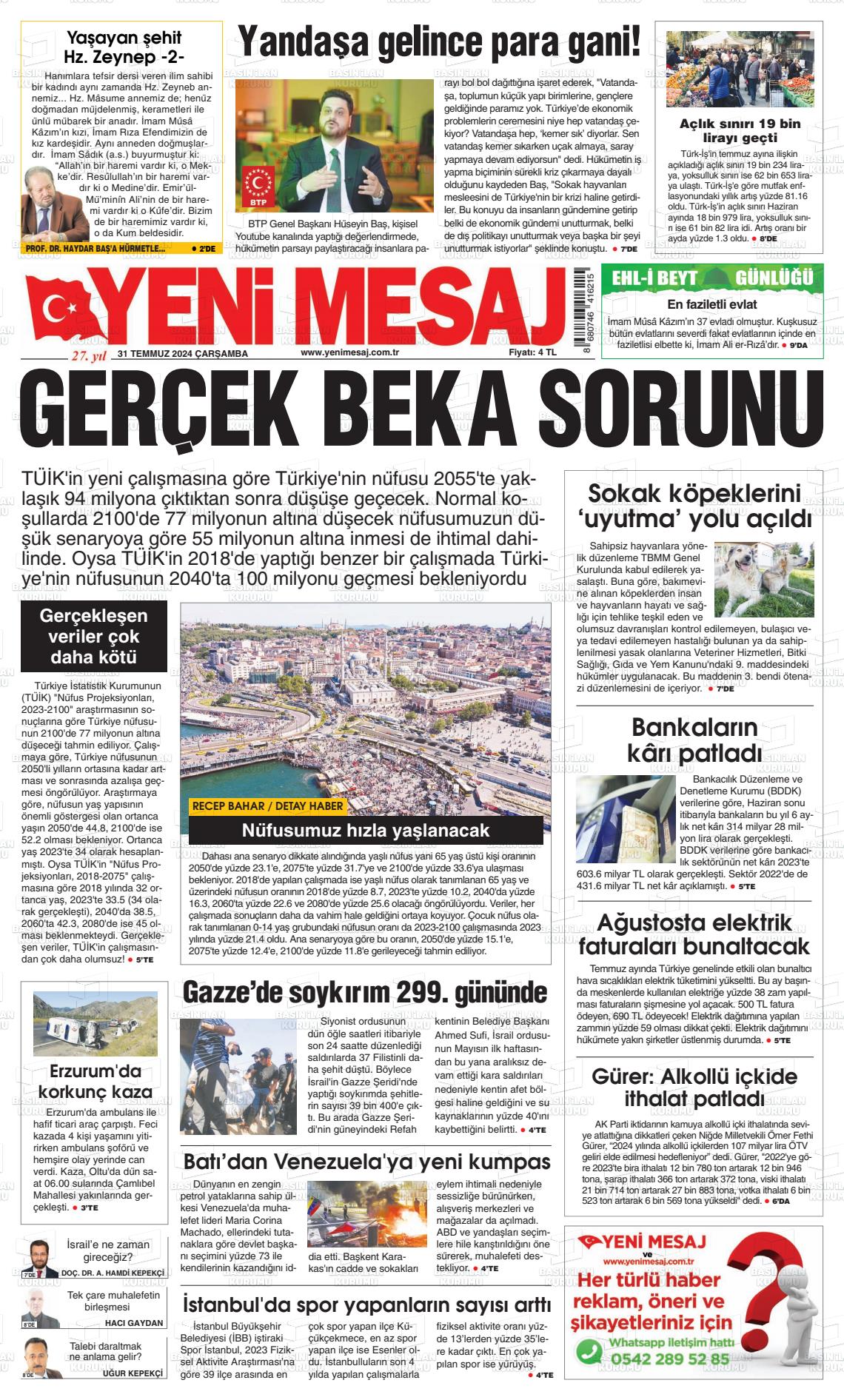 31 Temmuz 2024 Yeni Mesaj Gazete Manşeti