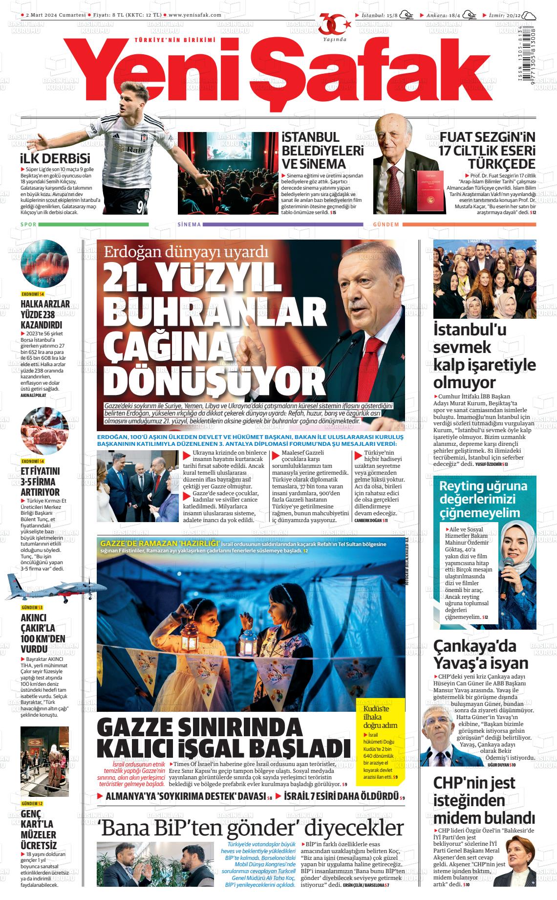 02 Mart 2024 Yeni Şafak Gazete Manşeti