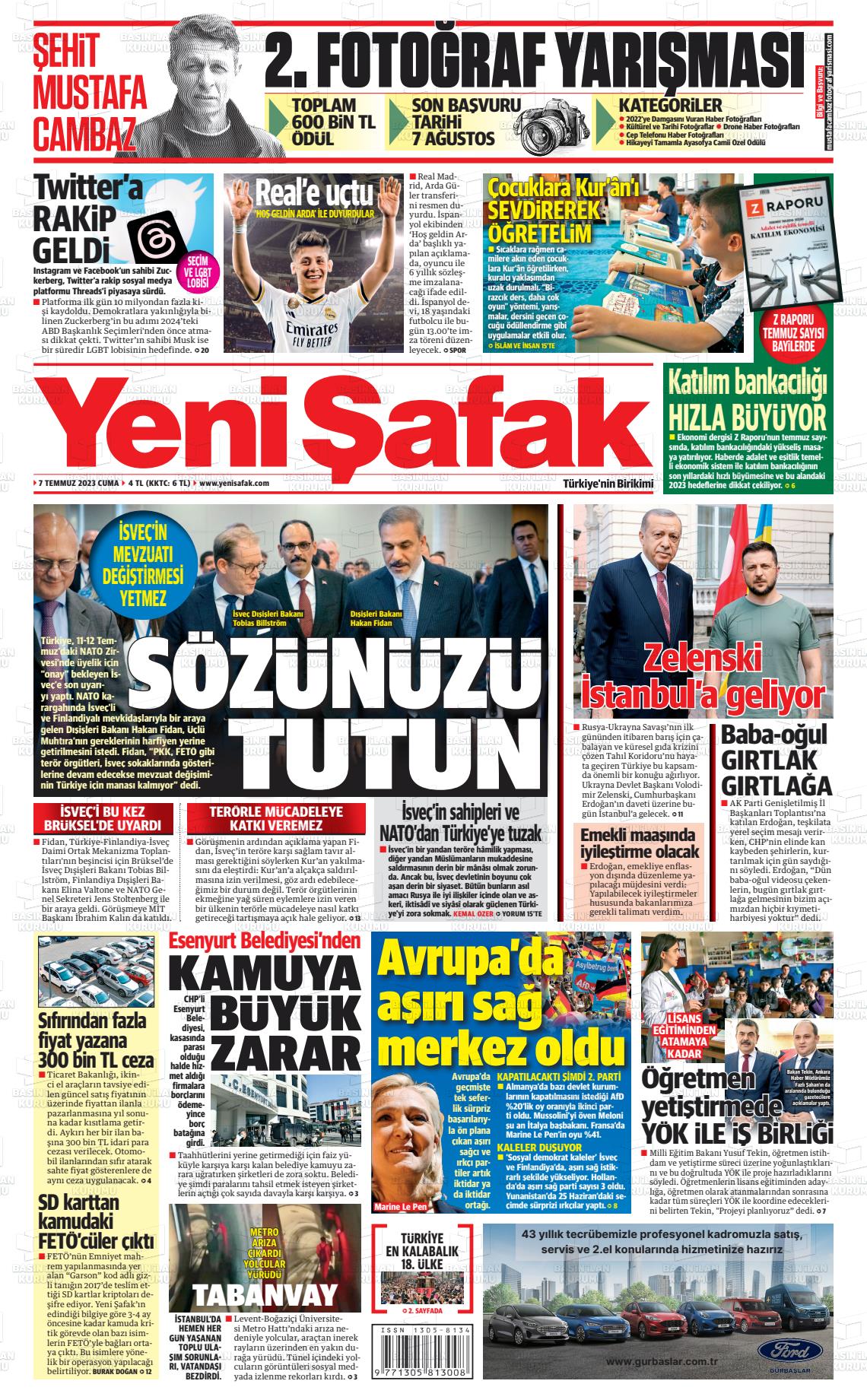 07 Temmuz 2023 Yeni Şafak Gazete Manşeti