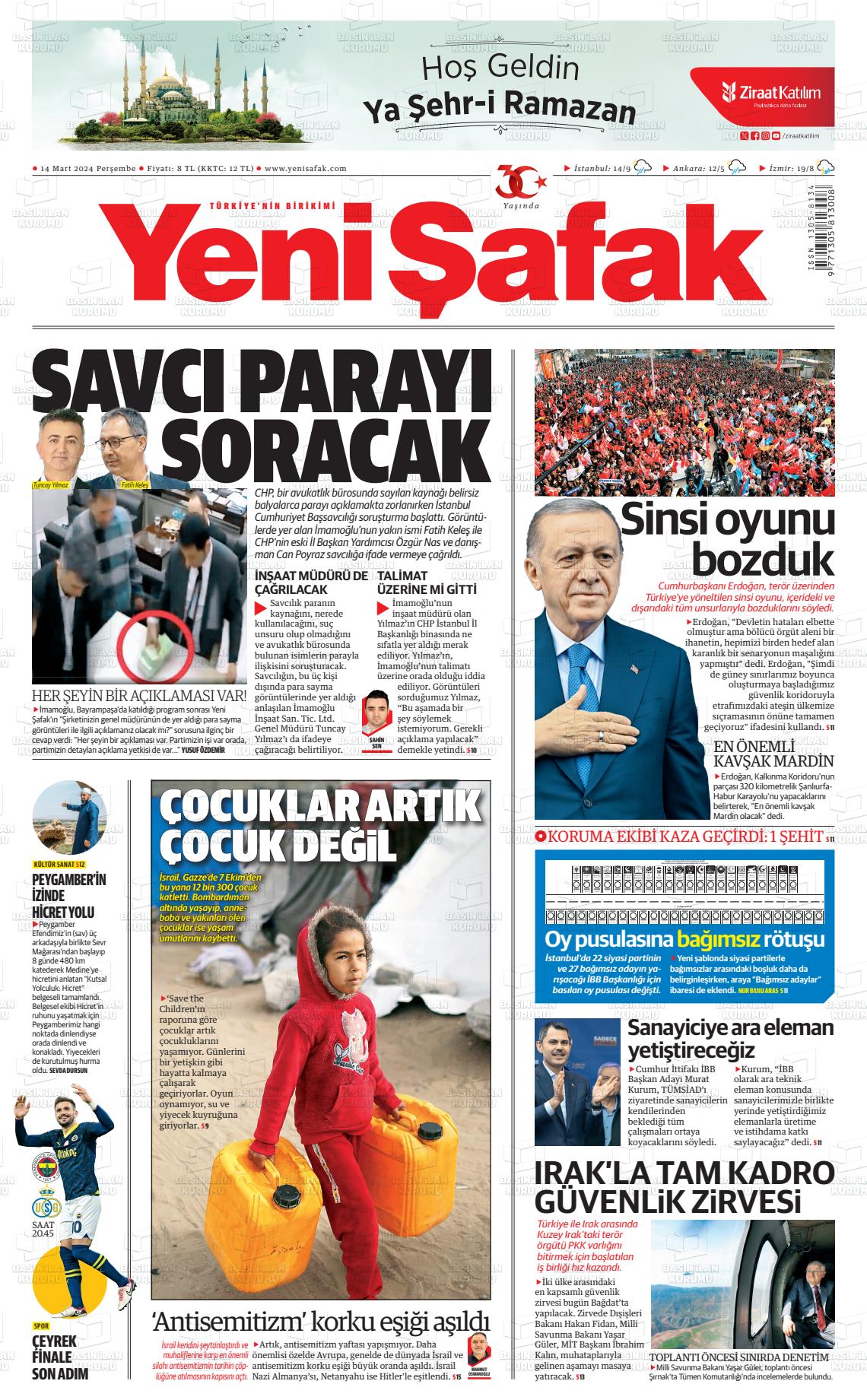 14 Mart 2024 Yeni Şafak Gazete Manşeti