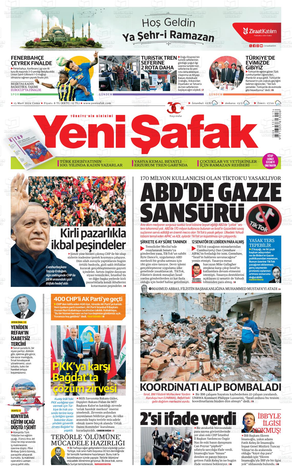 15 Mart 2024 Yeni Şafak Gazete Manşeti