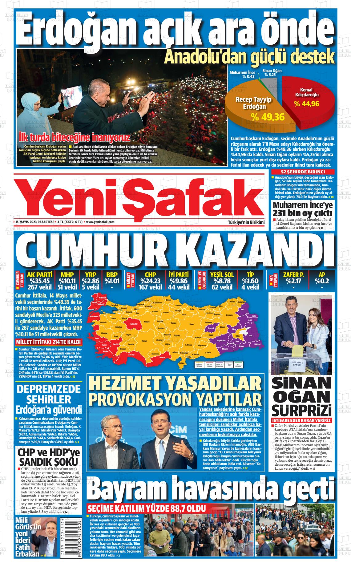 16 Mayıs 2023 Yeni Şafak Gazete Manşeti