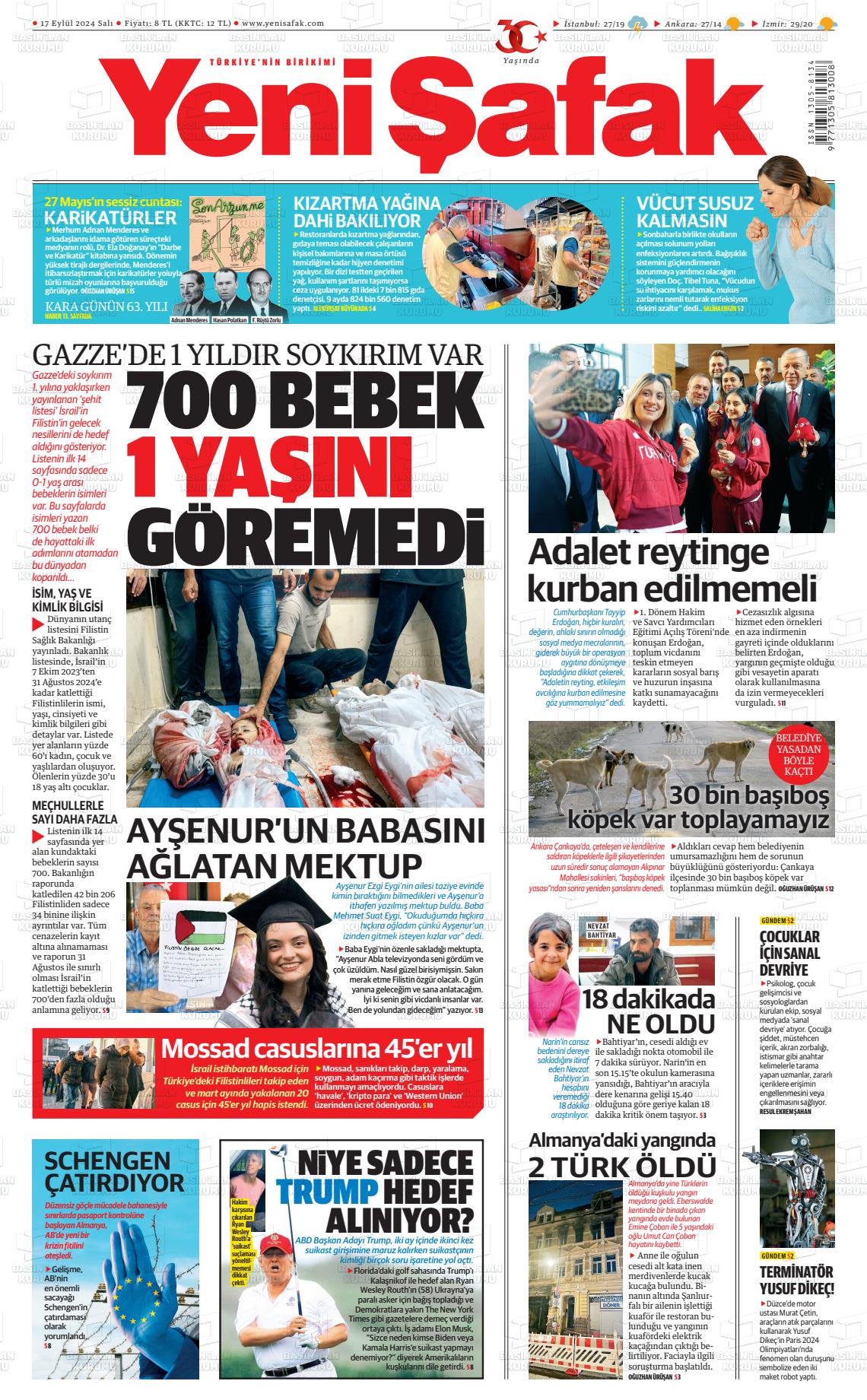 17 Eylül 2024 Yeni Şafak Gazete Manşeti