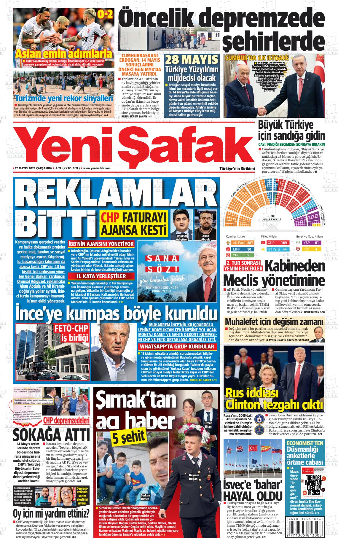 17 Mayıs 2023 Yeni Şafak Gazete Manşeti