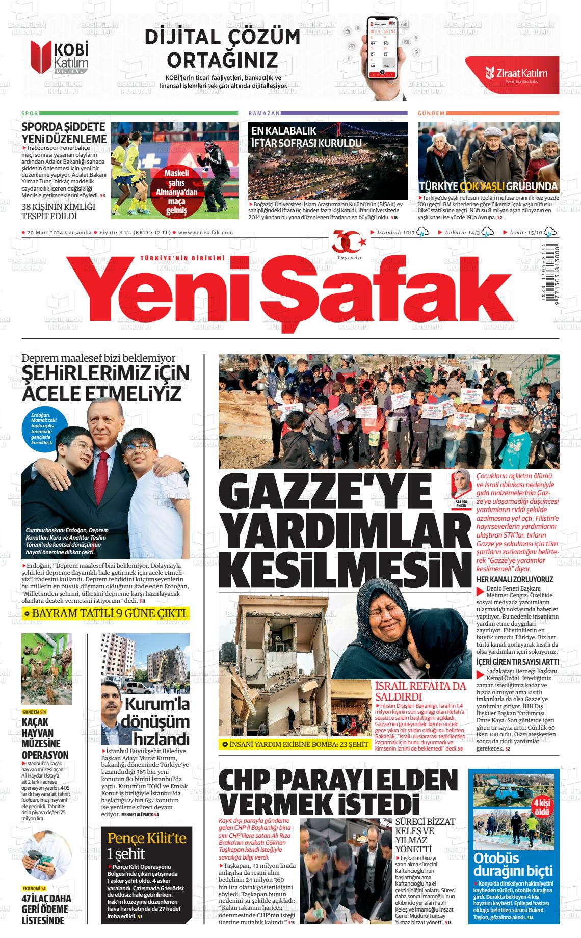 20 Mart 2024 Yeni Şafak Gazete Manşeti