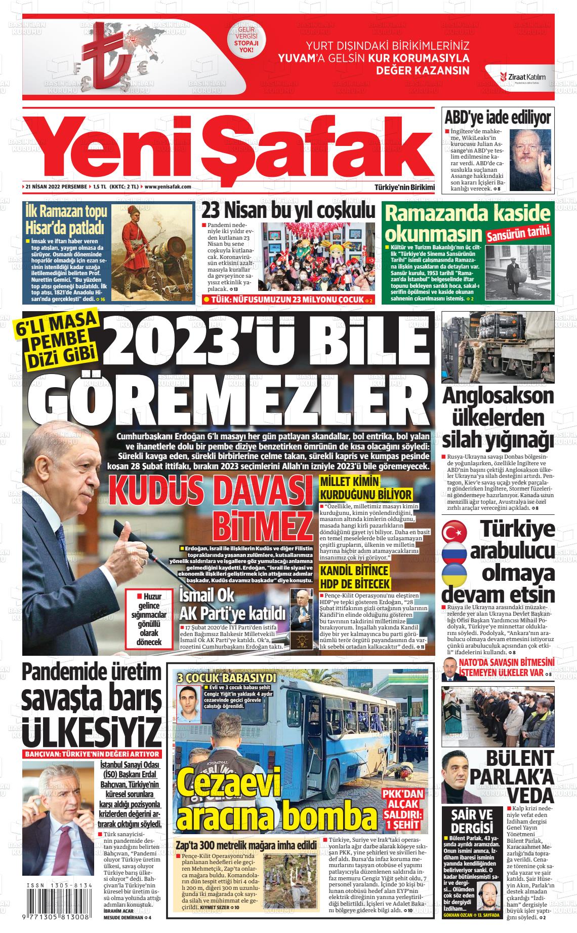 21 Nisan 2022 Yeni Şafak Gazete Manşeti