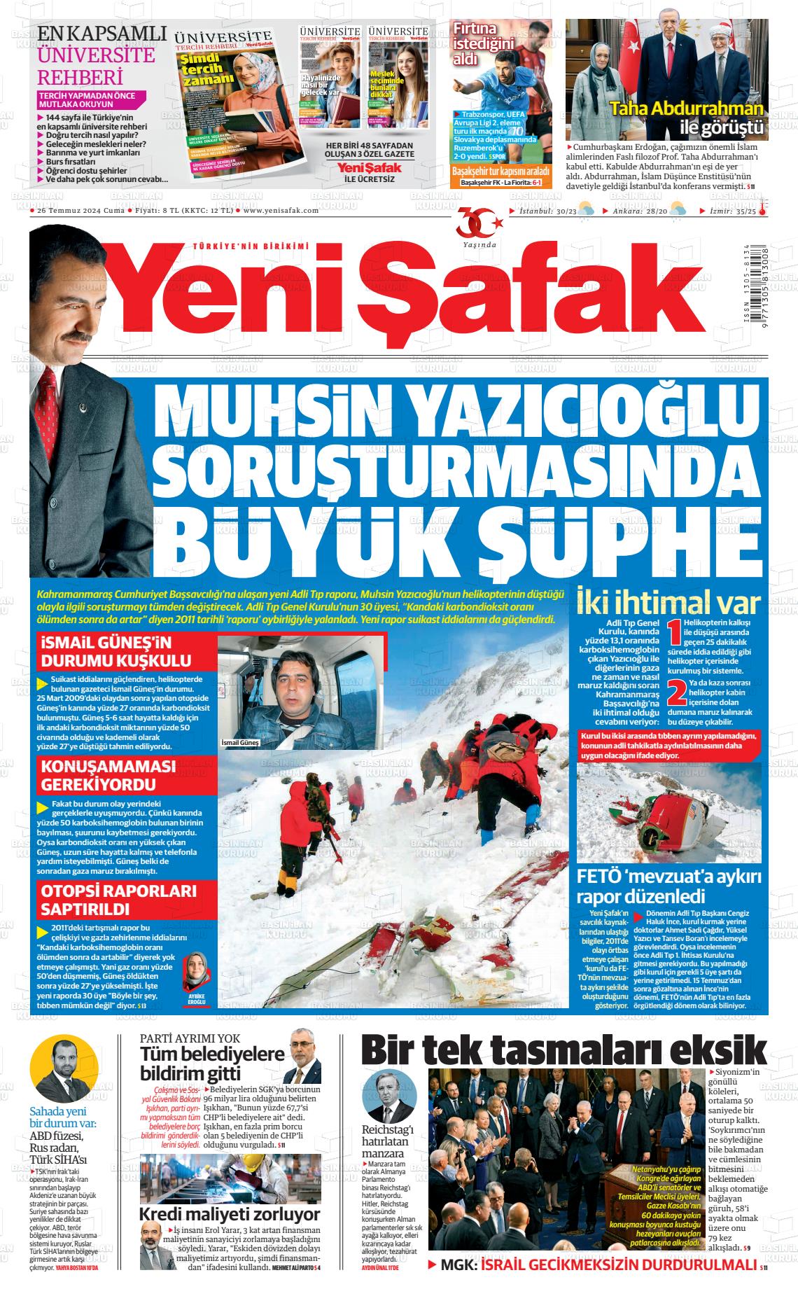 27 Temmuz 2024 Yeni Şafak Gazete Manşeti