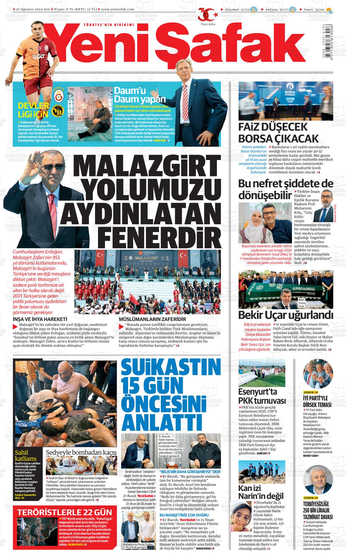 27 Ağustos 2024 Yeni Şafak Gazete Manşeti