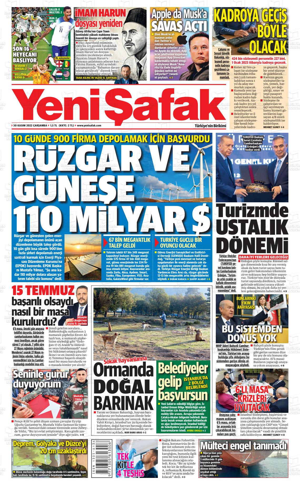 30 Kasım 2022 Yeni Şafak Gazete Manşeti