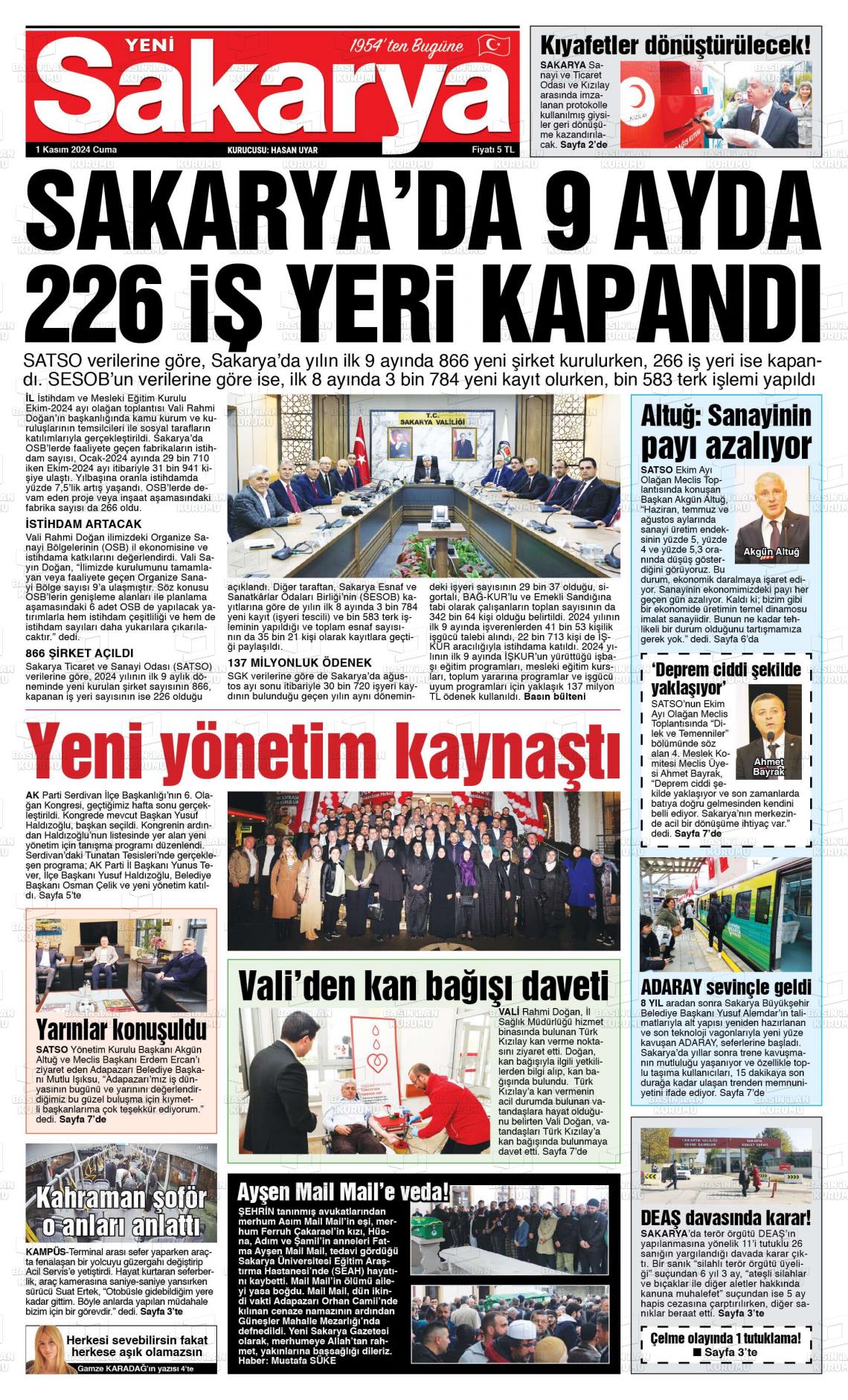 01 Kasım 2024 Yeni Sakarya Gazete Manşeti