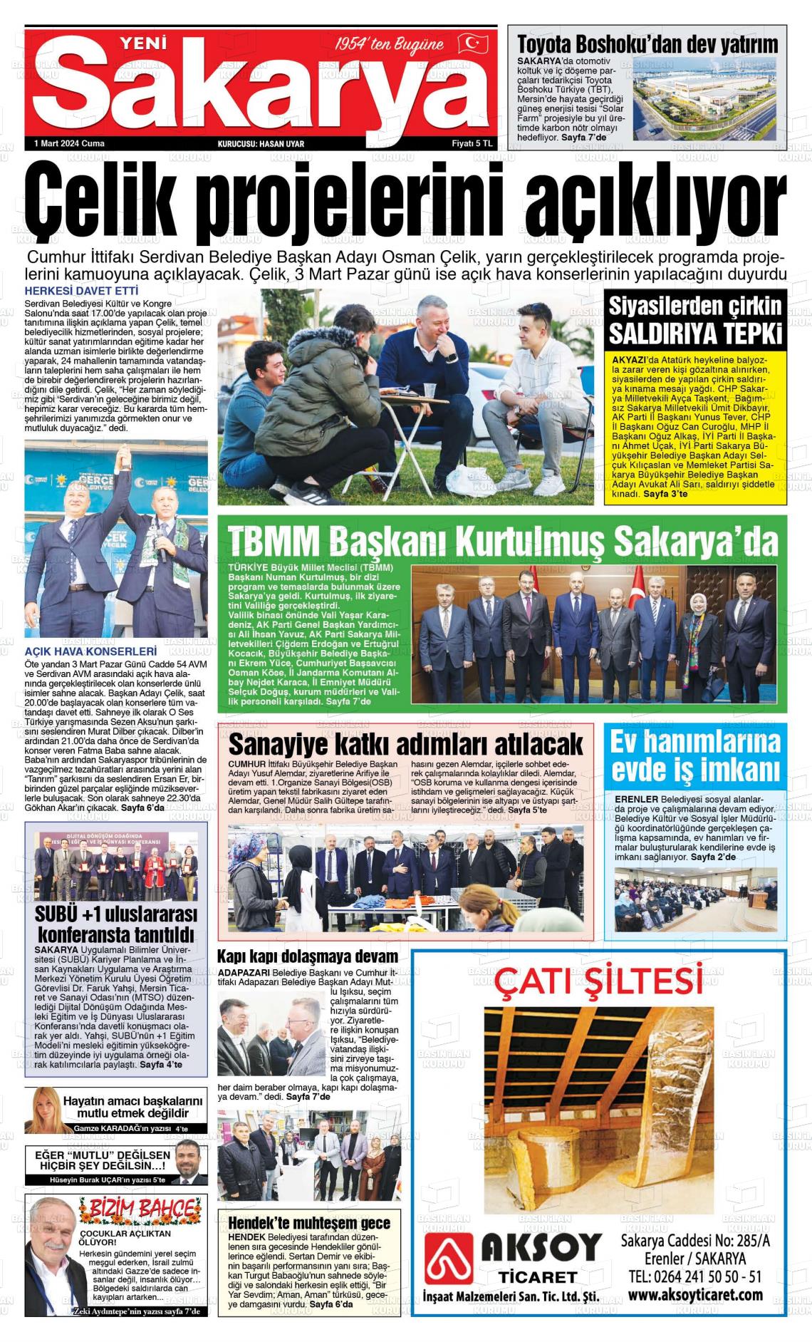 01 Mart 2024 Yeni Sakarya Gazete Manşeti