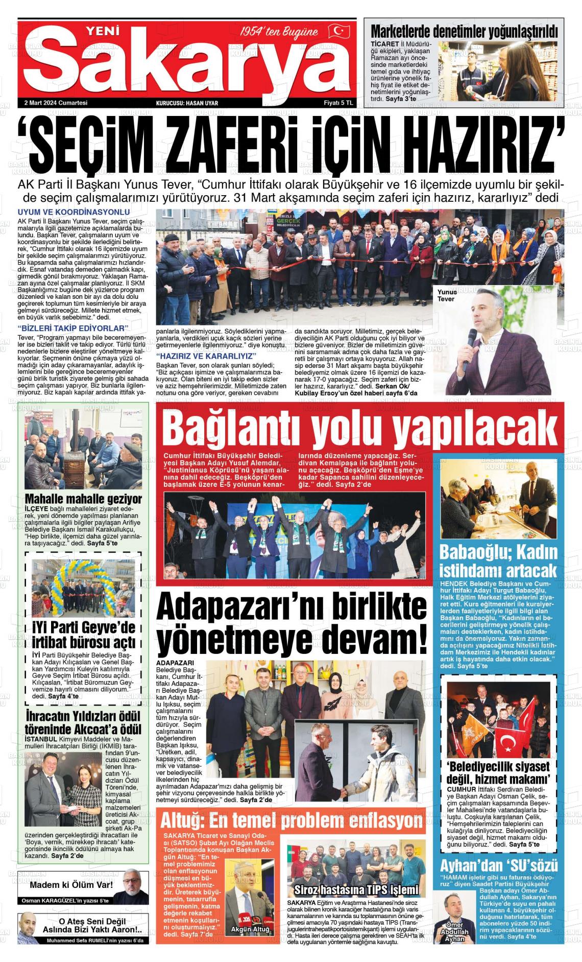 02 Mart 2024 Yeni Sakarya Gazete Manşeti