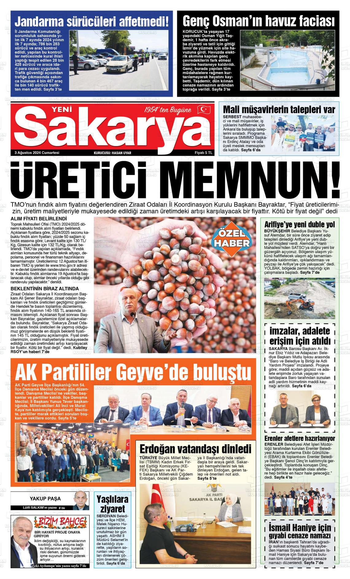 03 Ağustos 2024 Yeni Sakarya Gazete Manşeti