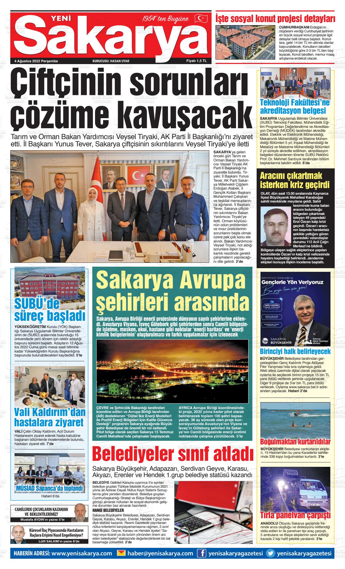 04 Ağustos 2022 Yeni Sakarya Gazete Manşeti