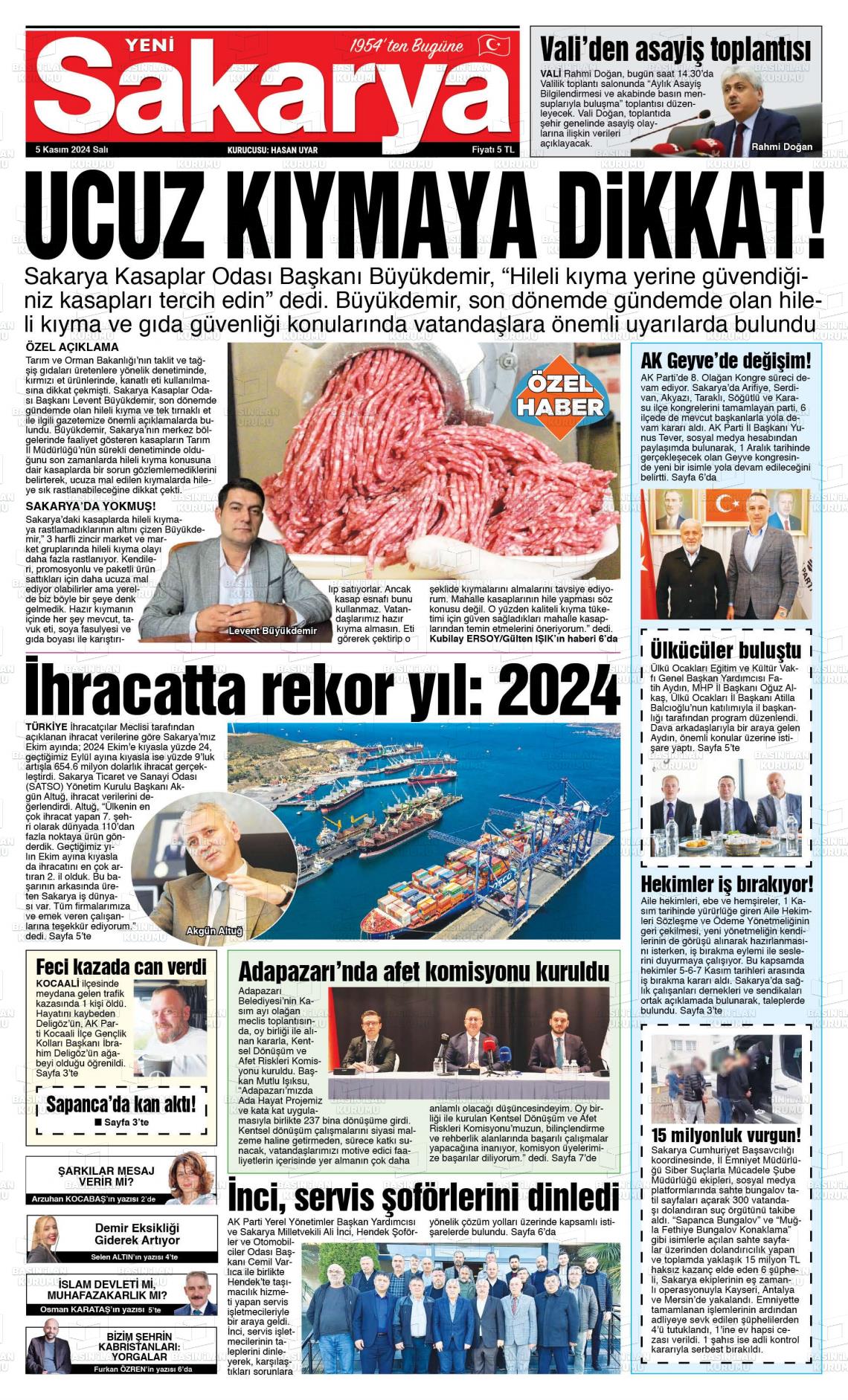 05 Kasım 2024 Yeni Sakarya Gazete Manşeti