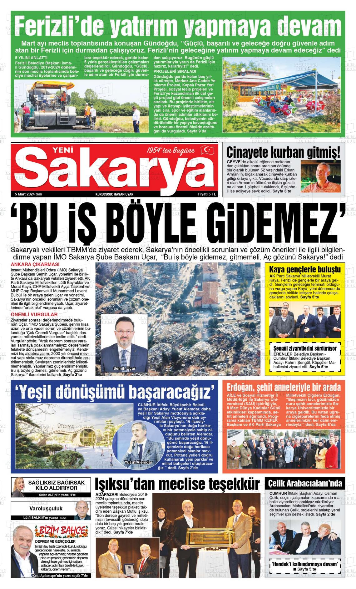 07 Mart 2024 Yeni Sakarya Gazete Manşeti