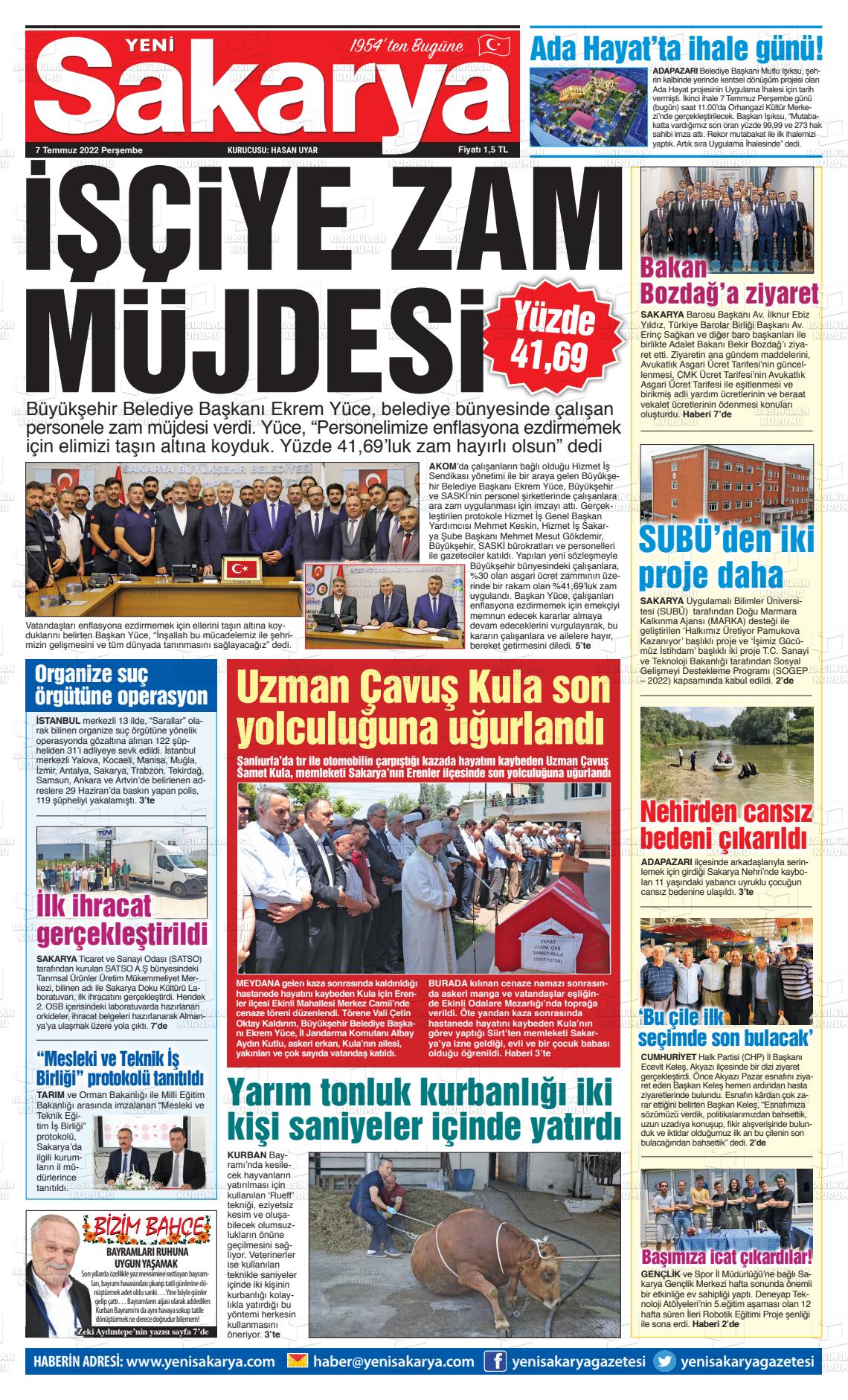 07 Temmuz 2022 Yeni Sakarya Gazete Manşeti