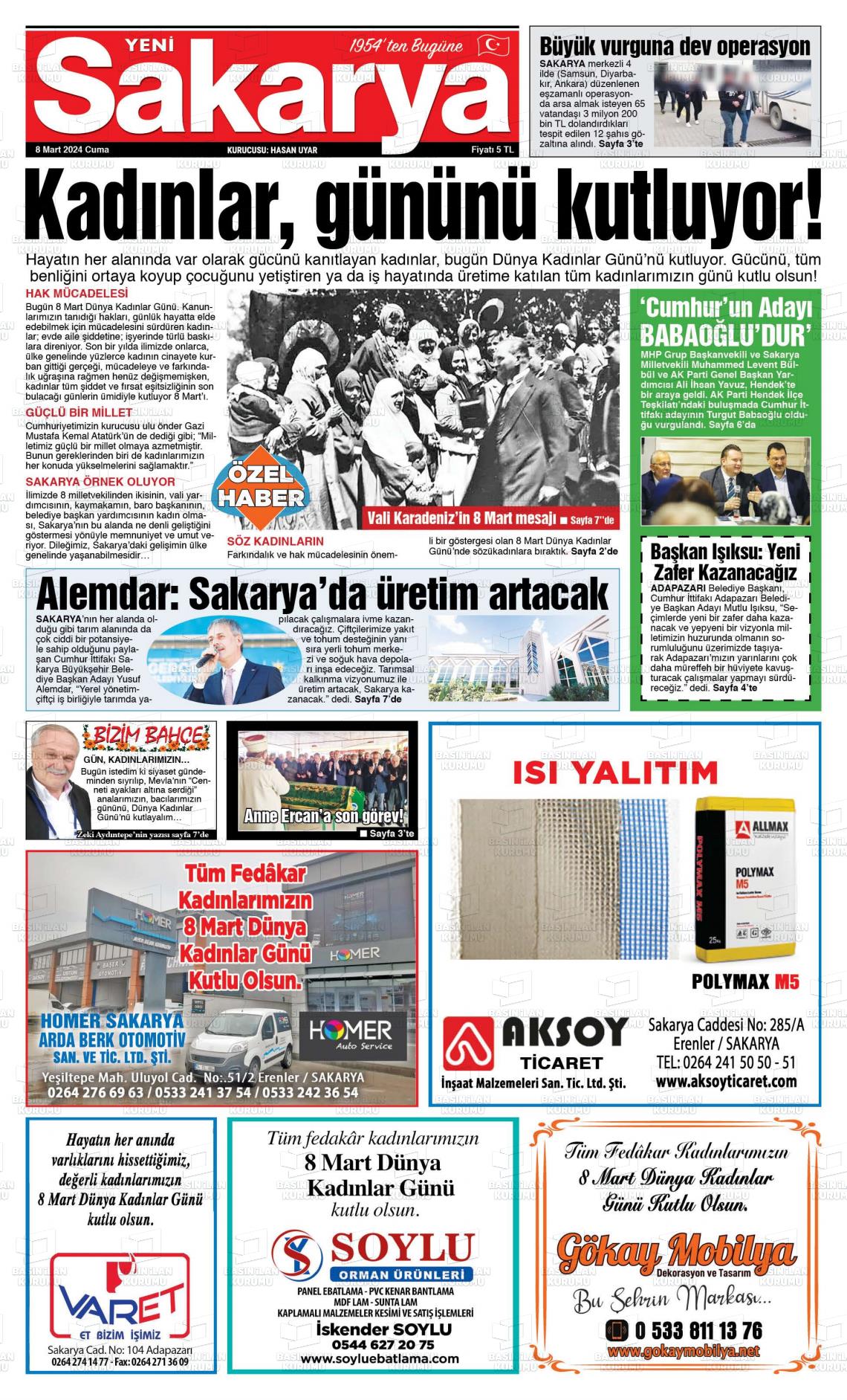 08 Mart 2024 Yeni Sakarya Gazete Manşeti