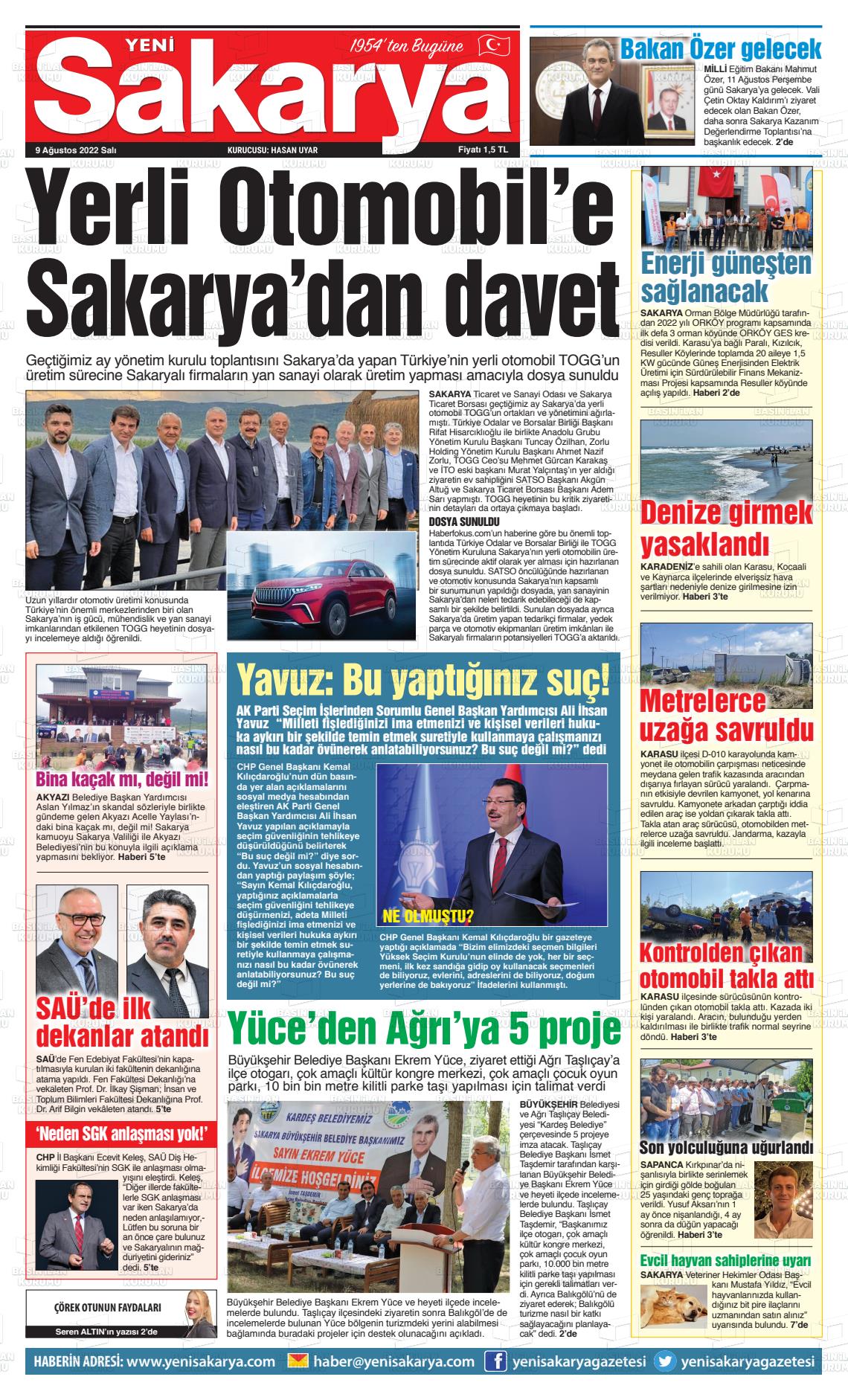 09 Ağustos 2022 Yeni Sakarya Gazete Manşeti