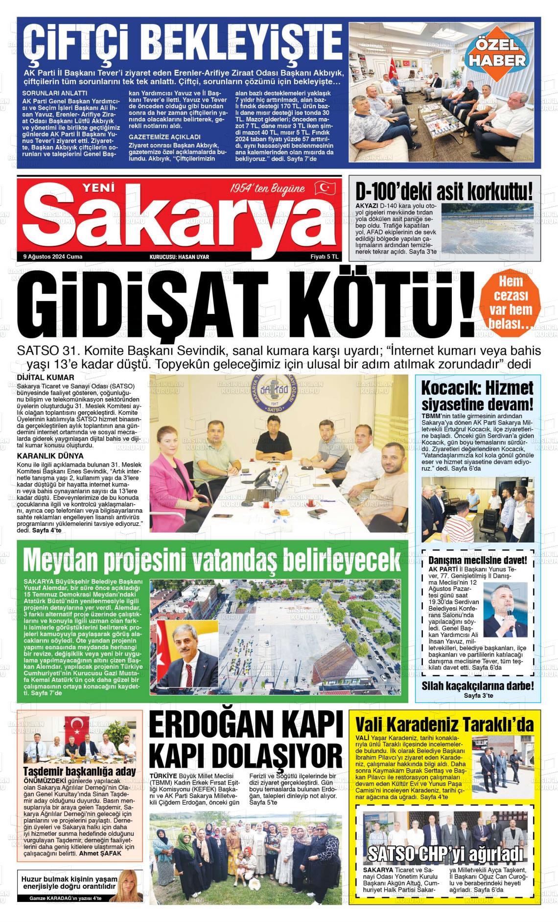 09 Ağustos 2024 Yeni Sakarya Gazete Manşeti