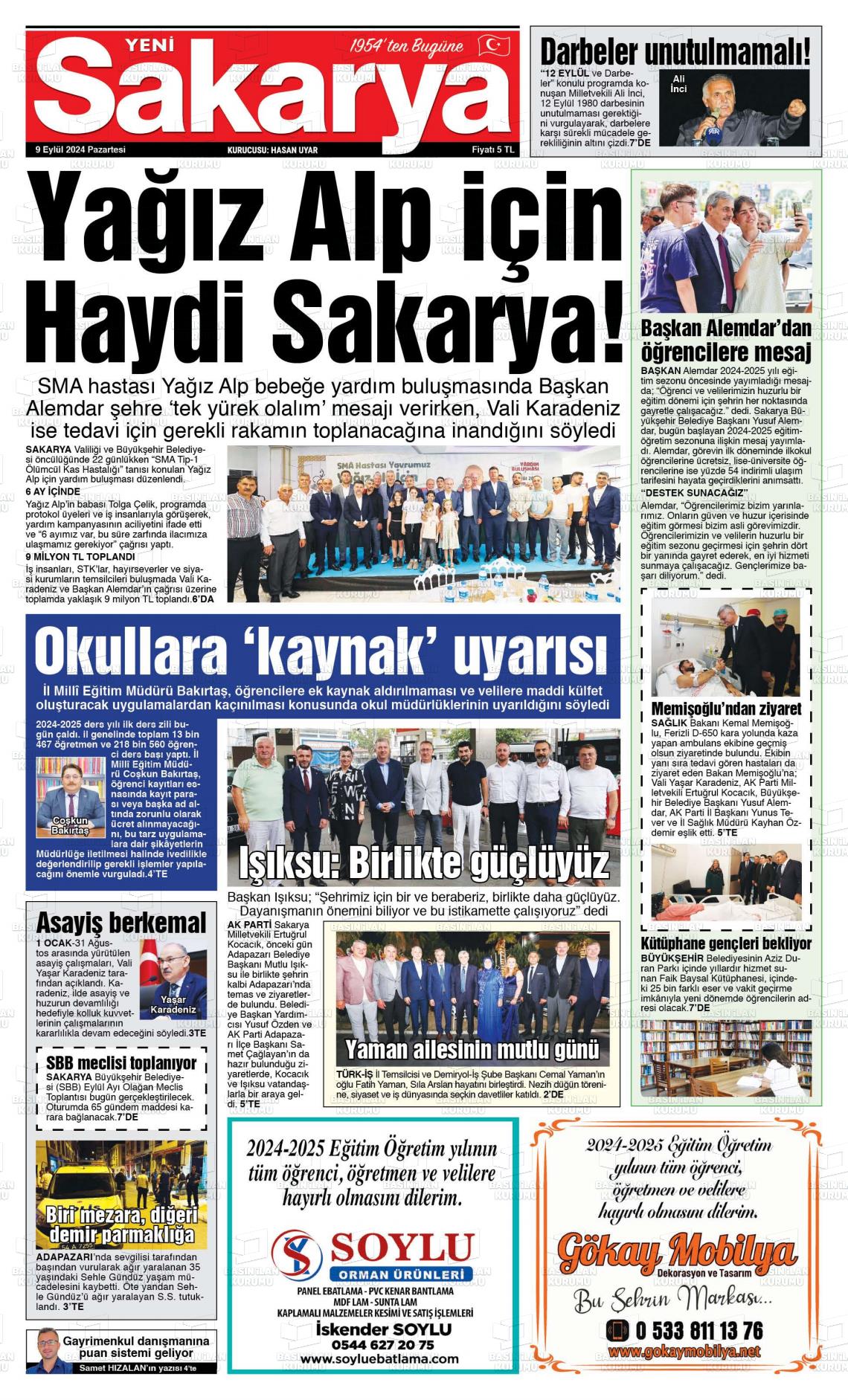 09 Eylül 2024 Yeni Sakarya Gazete Manşeti