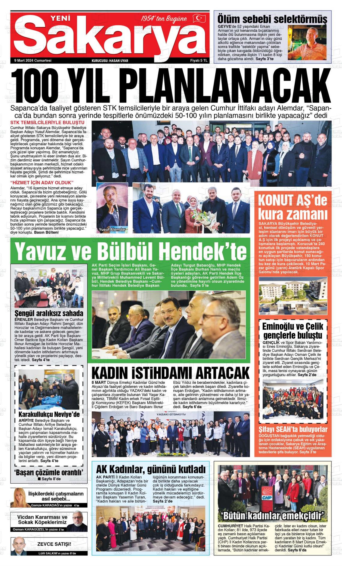 09 Mart 2024 Yeni Sakarya Gazete Manşeti