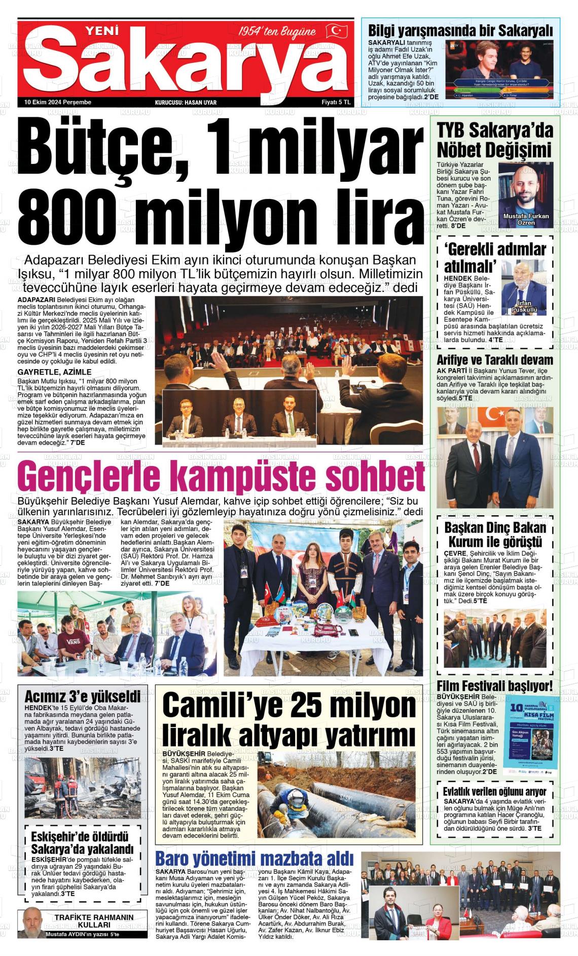 10 Ekim 2024 Yeni Sakarya Gazete Manşeti