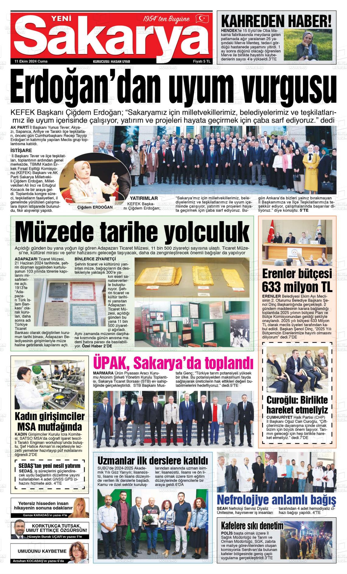 11 Ekim 2024 Yeni Sakarya Gazete Manşeti