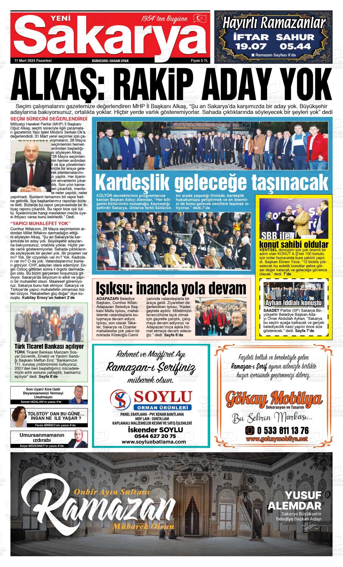 11 Mart 2024 Yeni Sakarya Gazete Manşeti