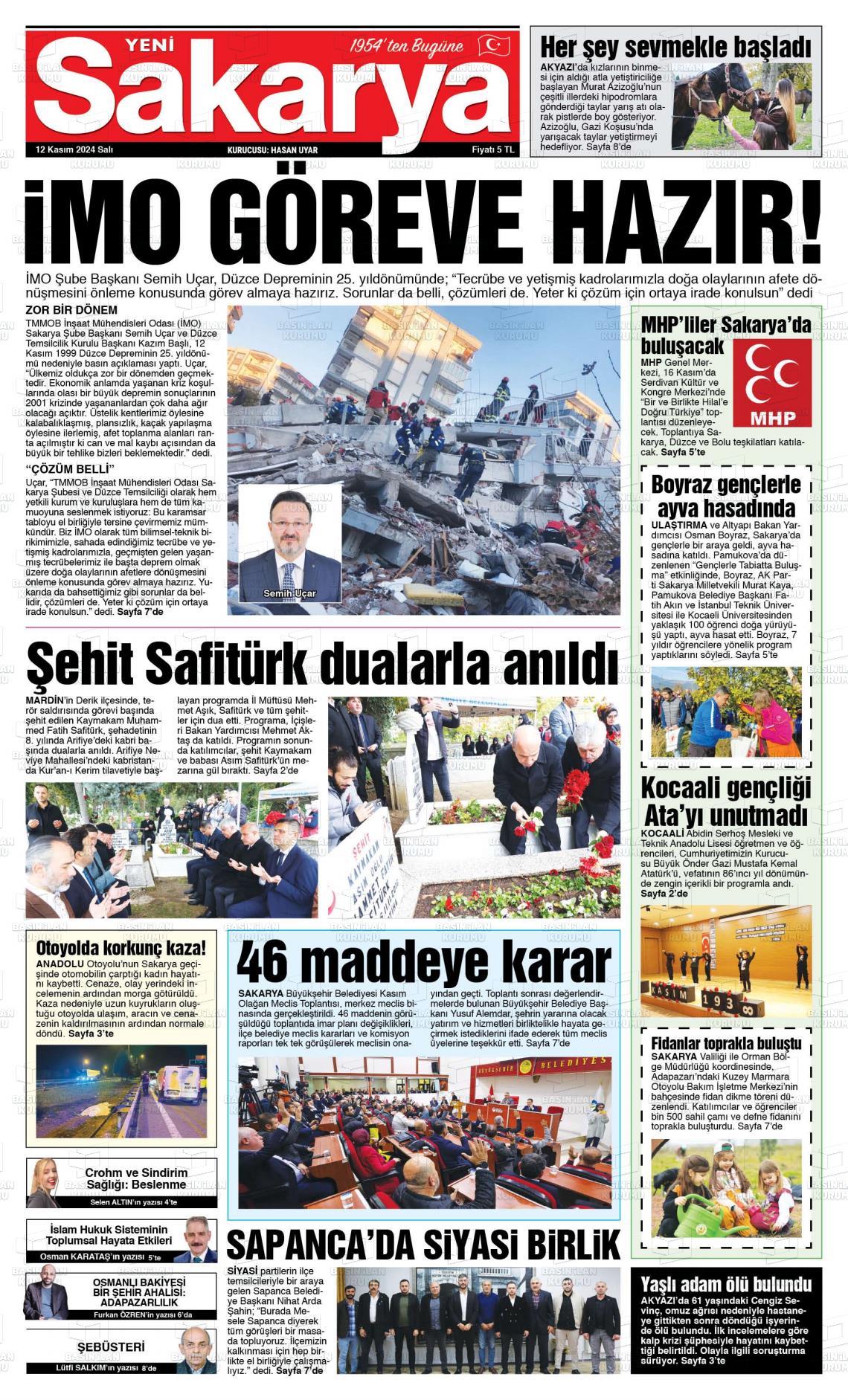 12 Kasım 2024 Yeni Sakarya Gazete Manşeti