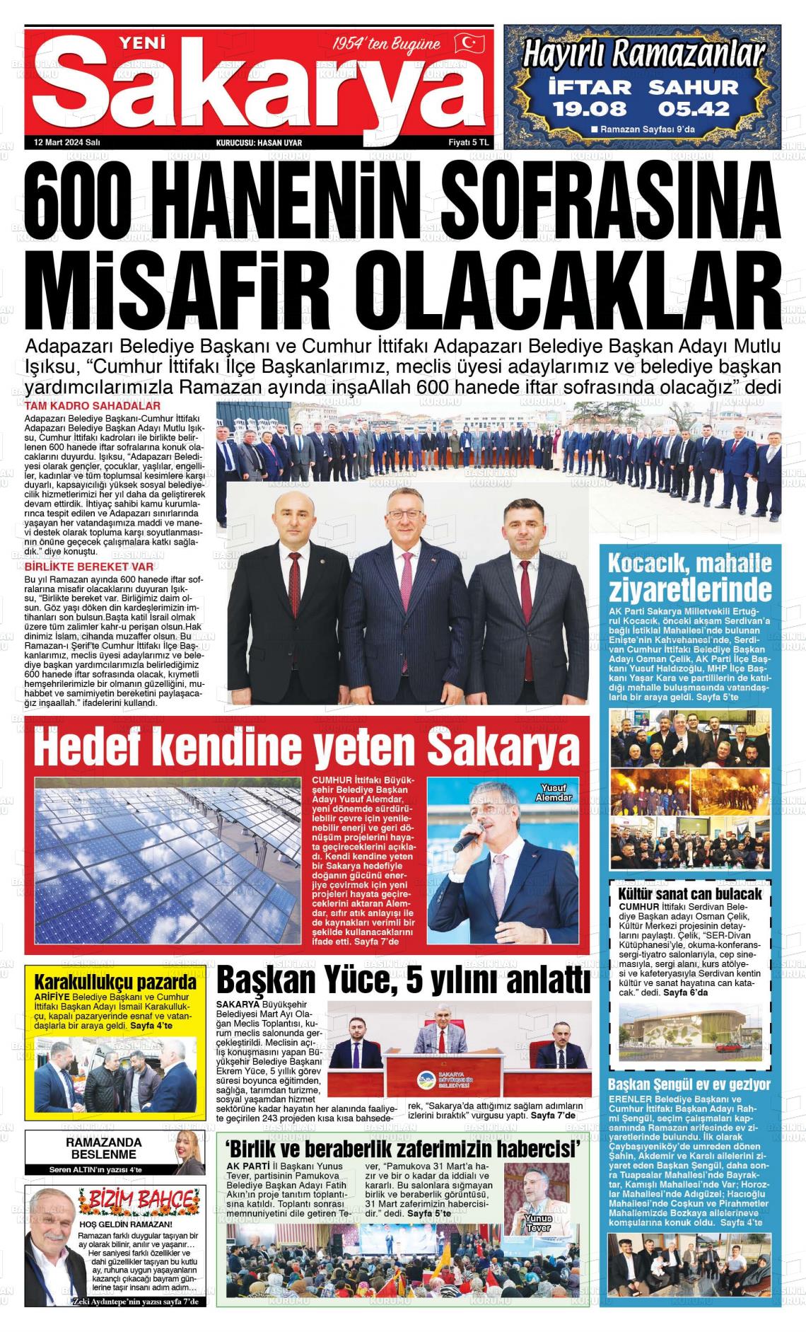 12 Mart 2024 Yeni Sakarya Gazete Manşeti