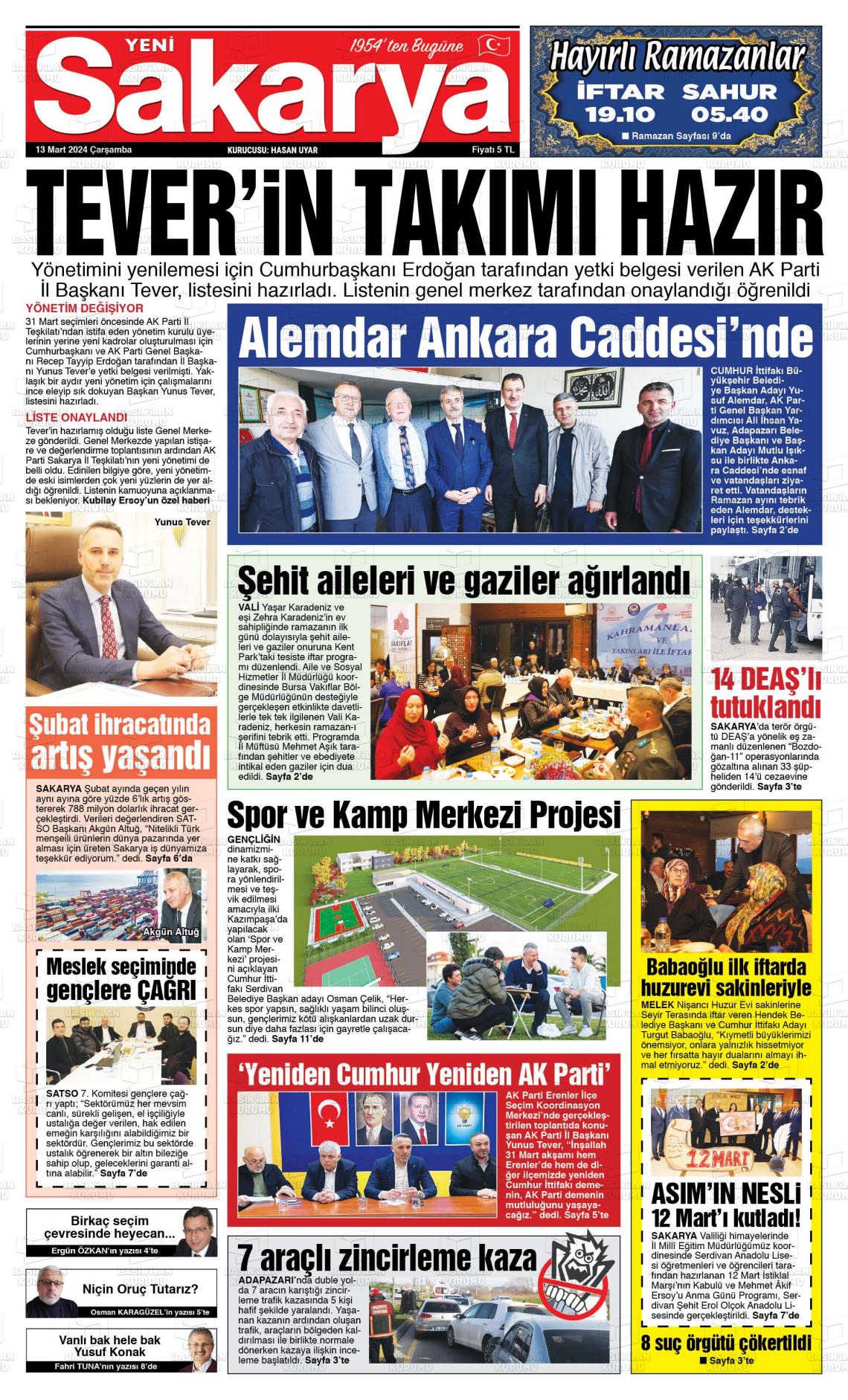 13 Mart 2024 Yeni Sakarya Gazete Manşeti