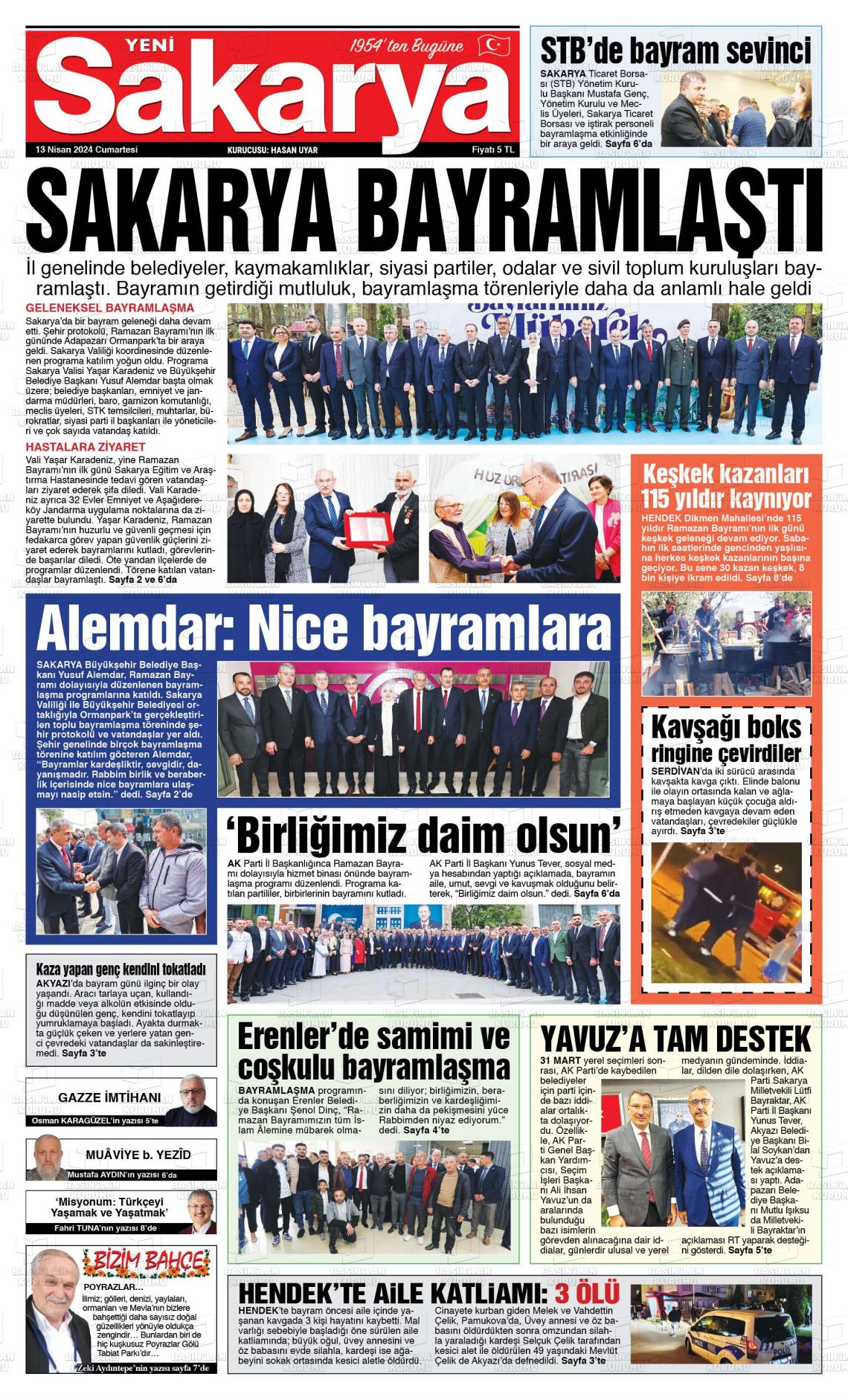 13 Nisan 2024 Yeni Sakarya Gazete Manşeti