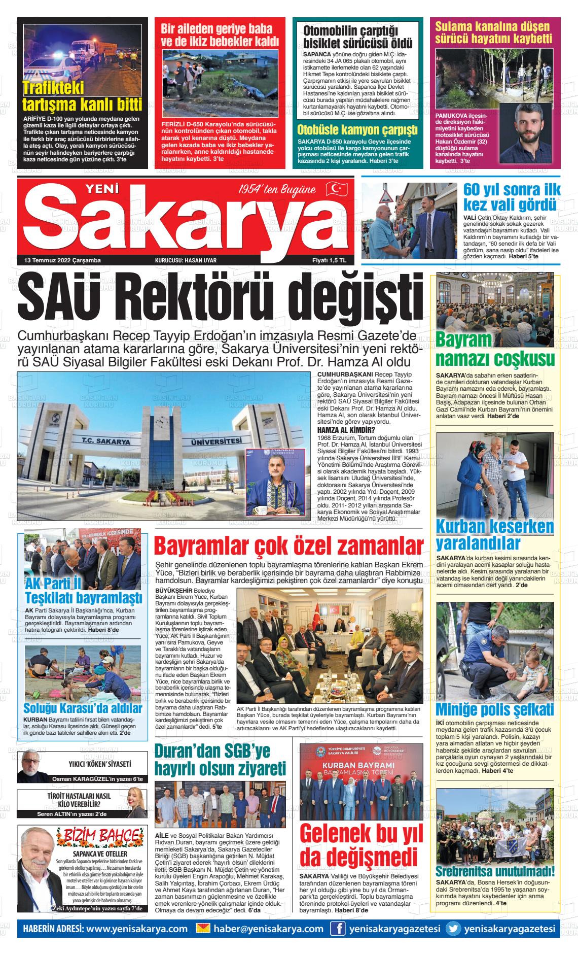 13 Temmuz 2022 Yeni Sakarya Gazete Manşeti