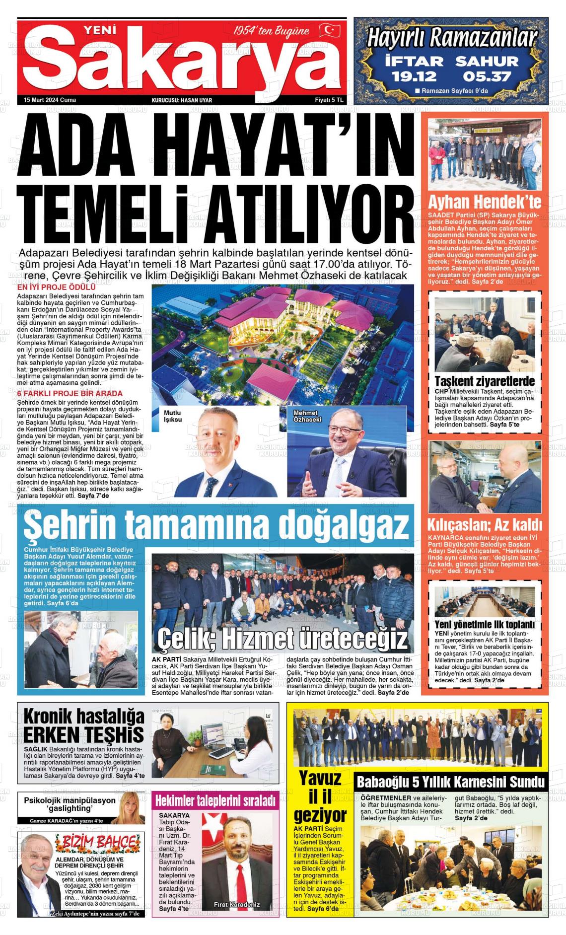 15 Mart 2024 Yeni Sakarya Gazete Manşeti