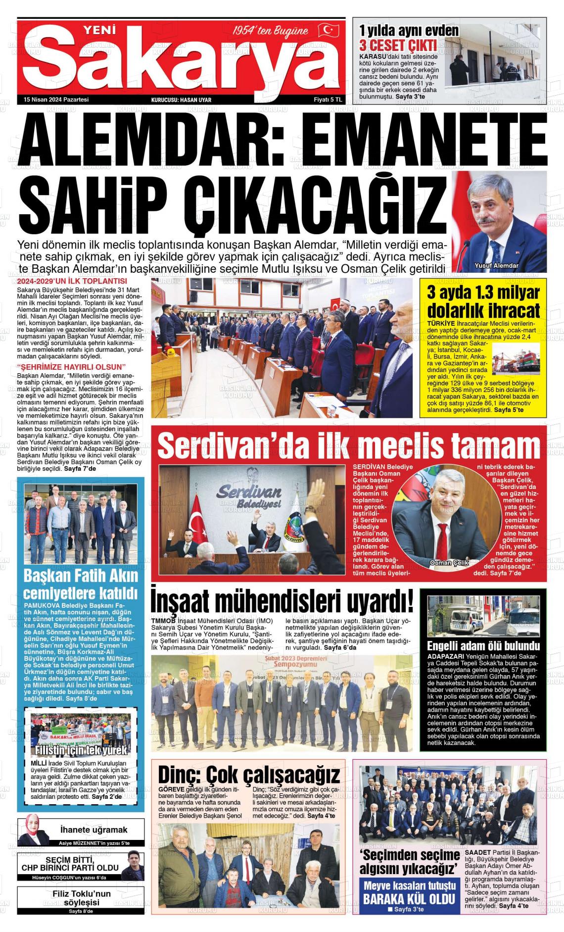 15 Nisan 2024 Yeni Sakarya Gazete Manşeti