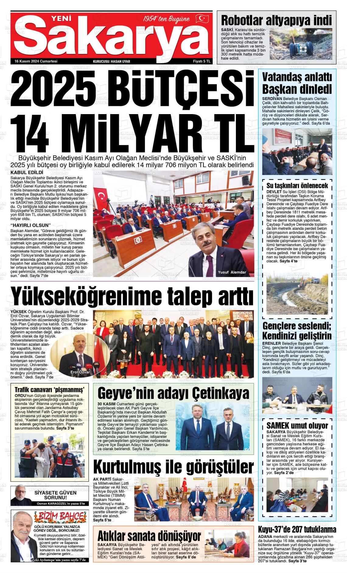 16 Kasım 2024 Yeni Sakarya Gazete Manşeti