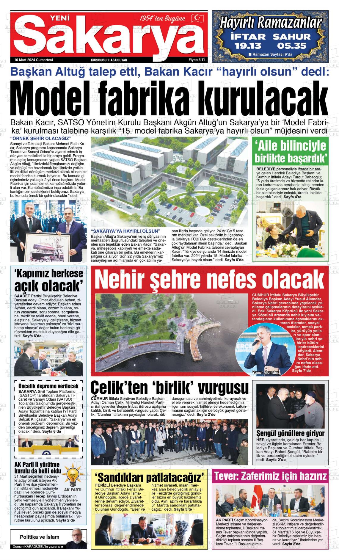 16 Mart 2024 Yeni Sakarya Gazete Manşeti