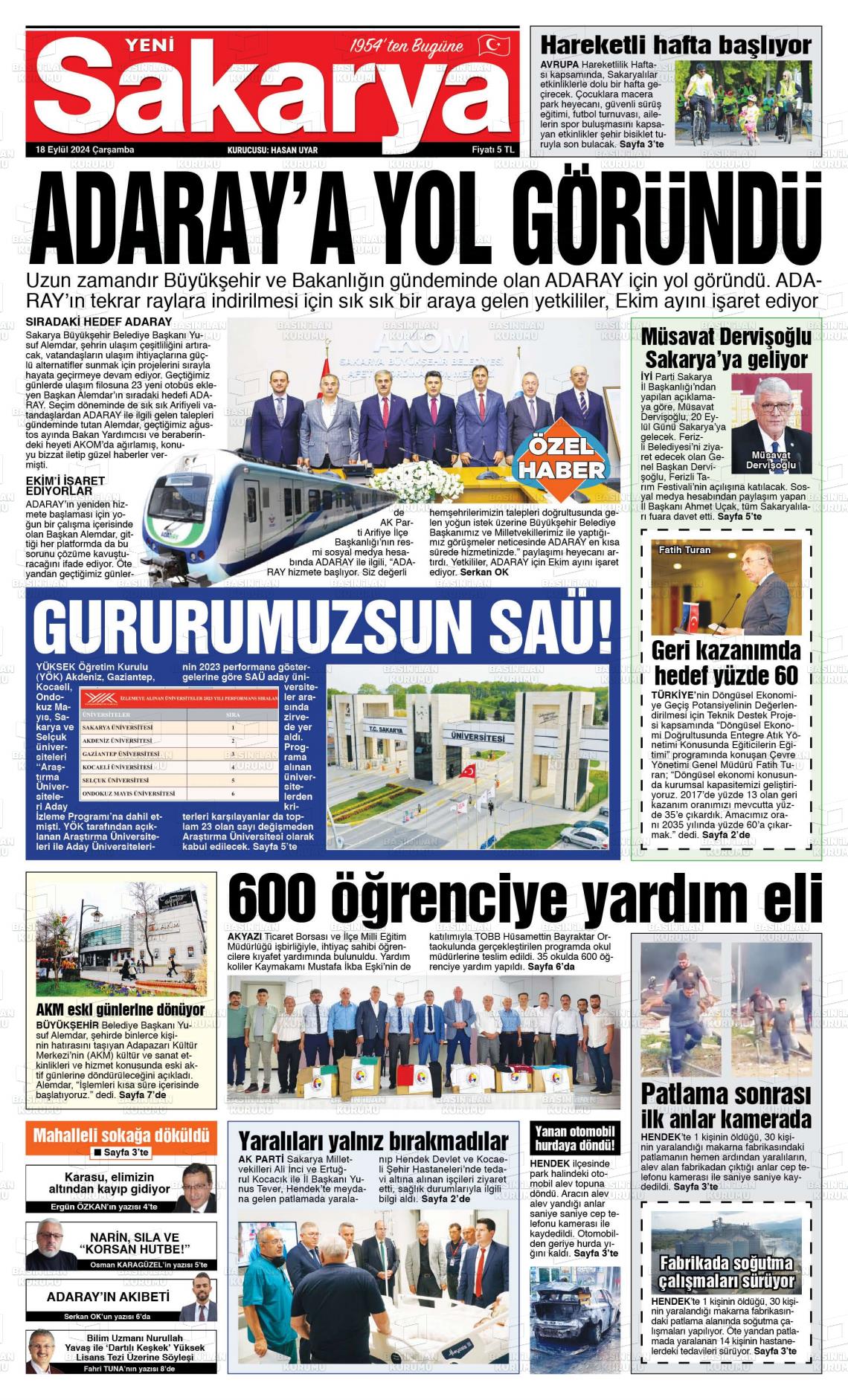 18 Eylül 2024 Yeni Sakarya Gazete Manşeti