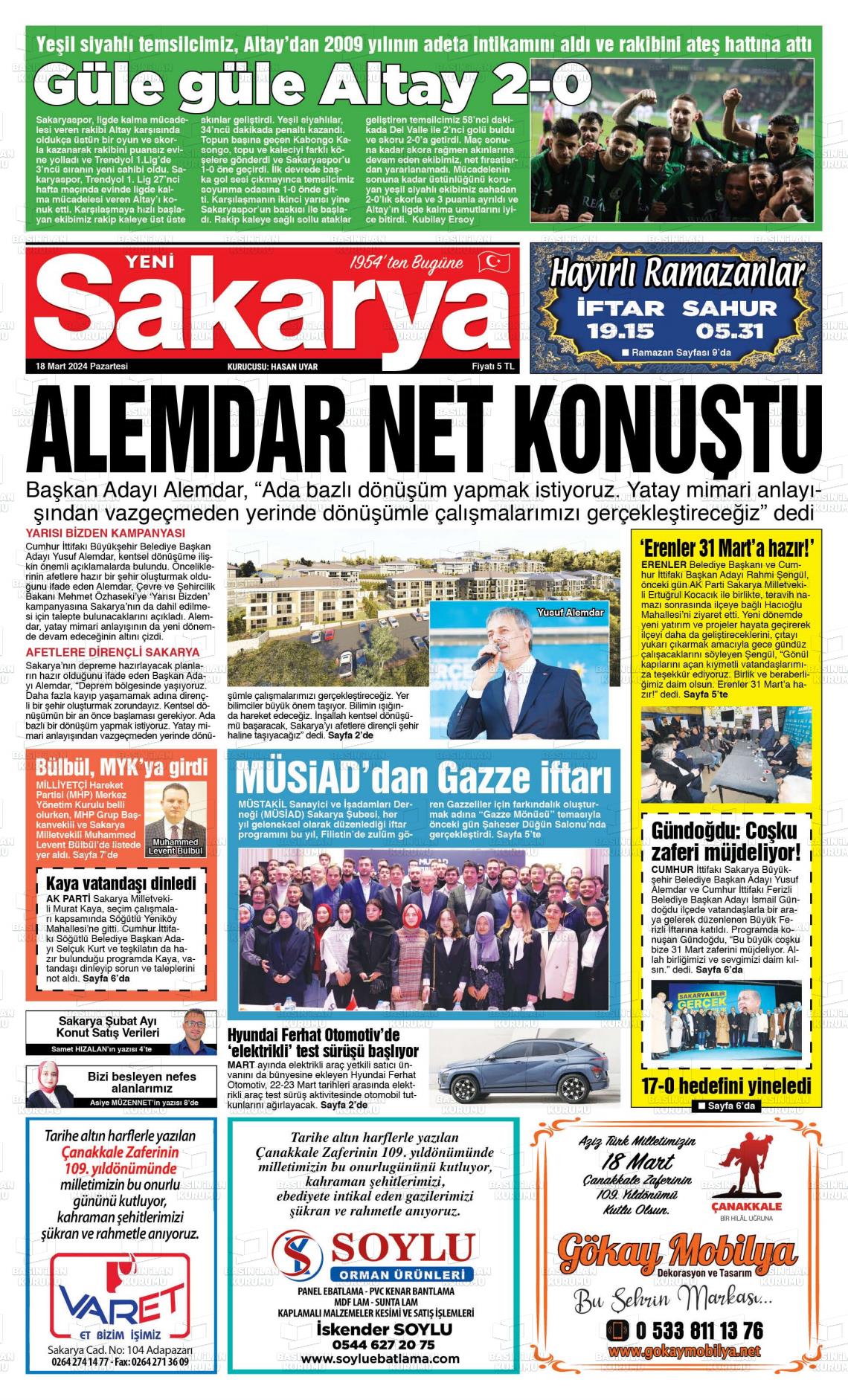 18 Mart 2024 Yeni Sakarya Gazete Manşeti