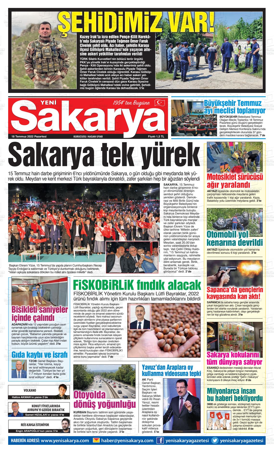 18 Temmuz 2022 Yeni Sakarya Gazete Manşeti