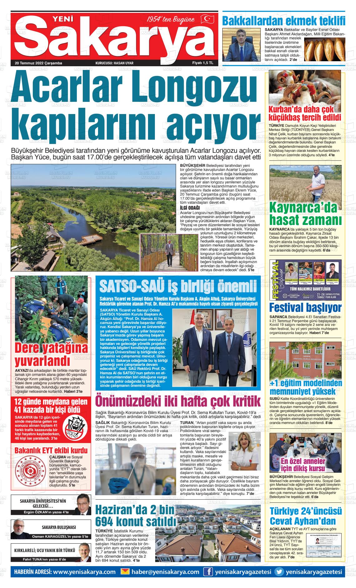 20 Temmuz 2022 Yeni Sakarya Gazete Manşeti