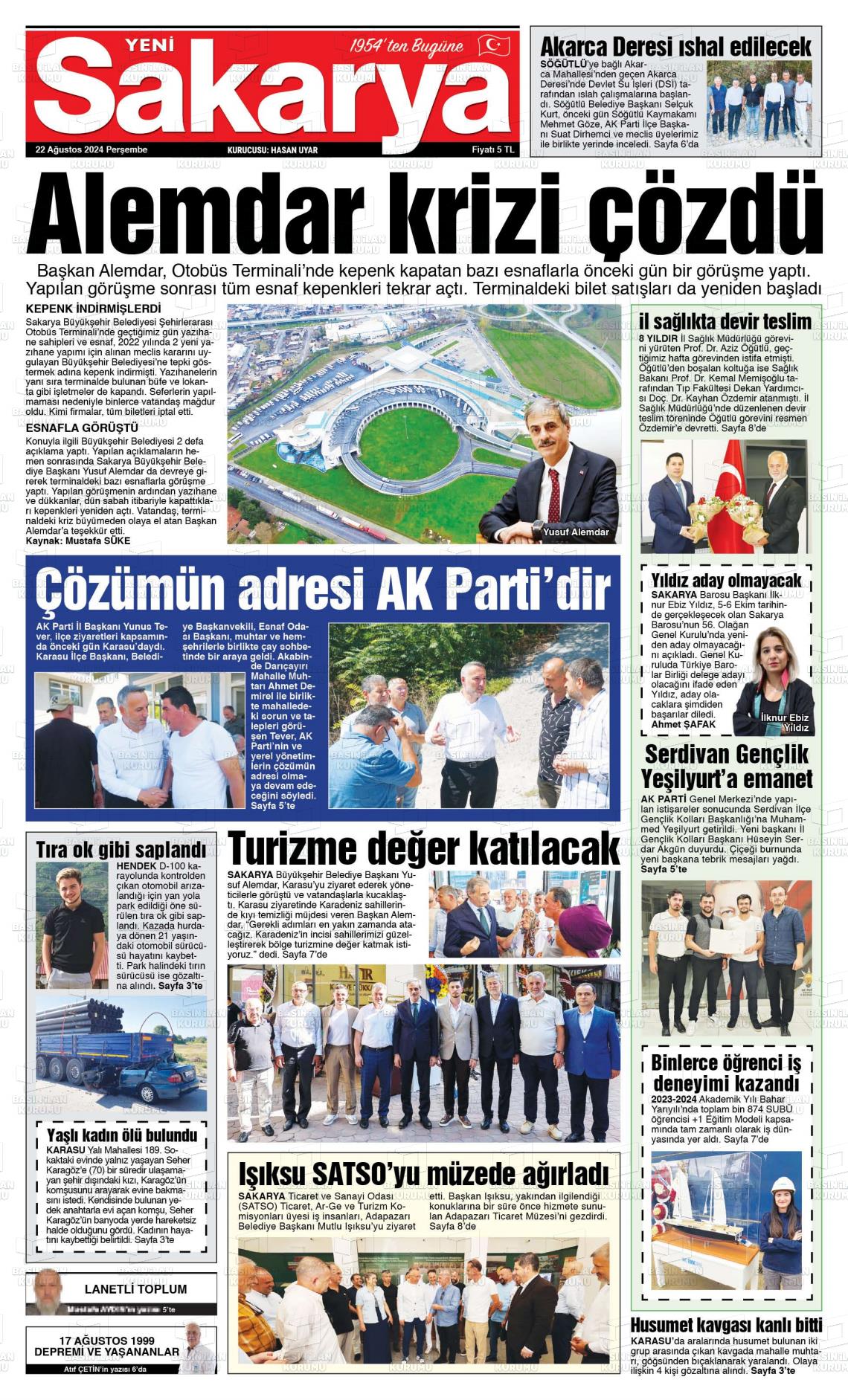 22 Ağustos 2024 Yeni Sakarya Gazete Manşeti