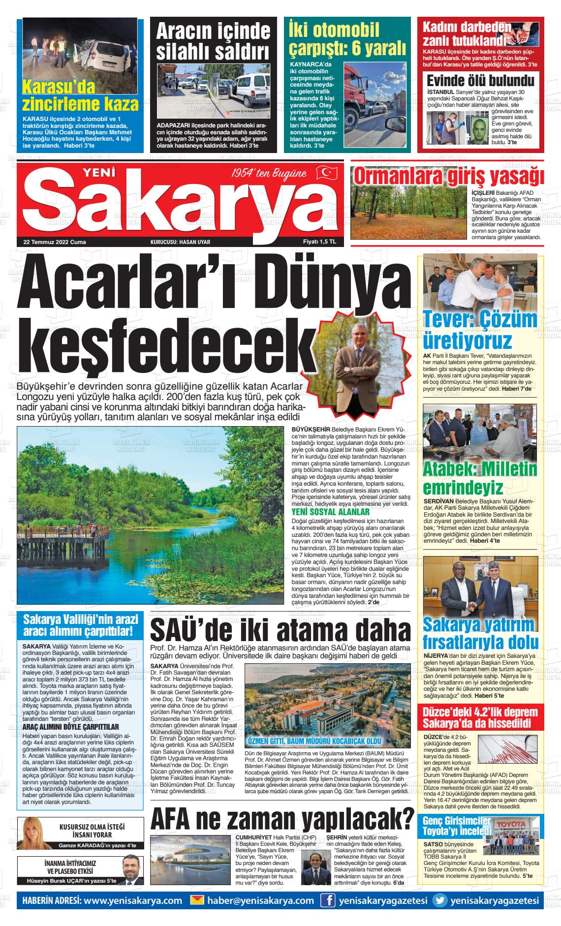 22 Temmuz 2022 Yeni Sakarya Gazete Manşeti