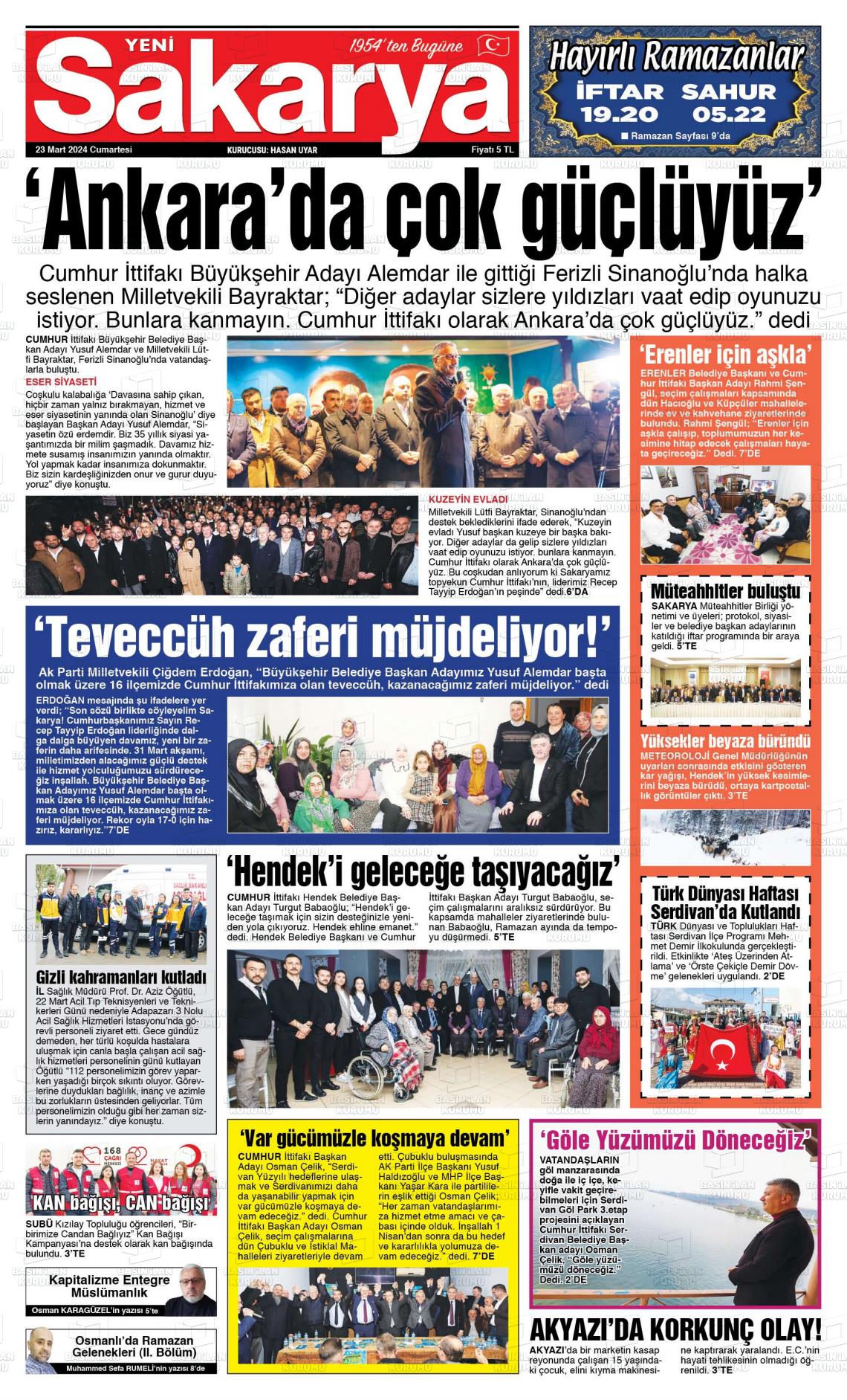 23 Mart 2024 Yeni Sakarya Gazete Manşeti