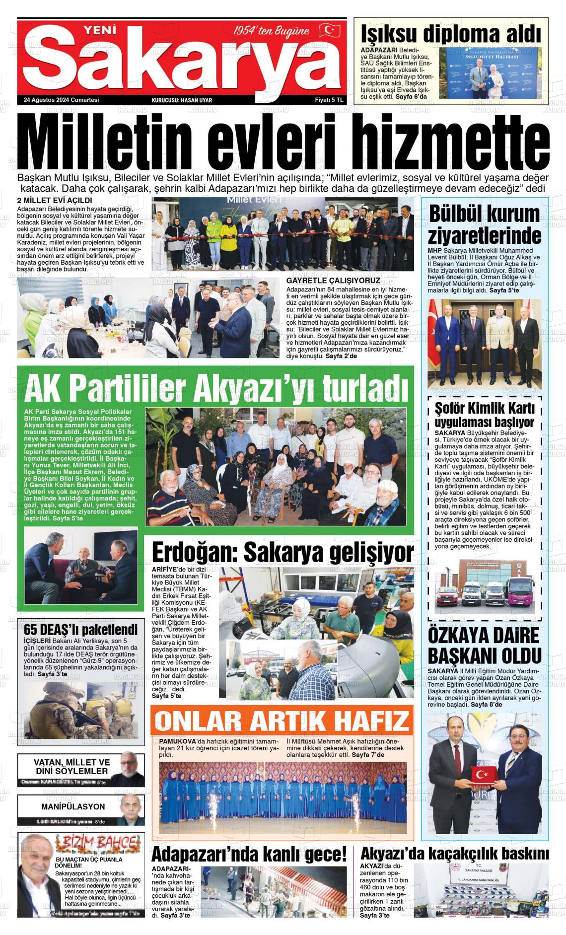 24 Ağustos 2024 Yeni Sakarya Gazete Manşeti