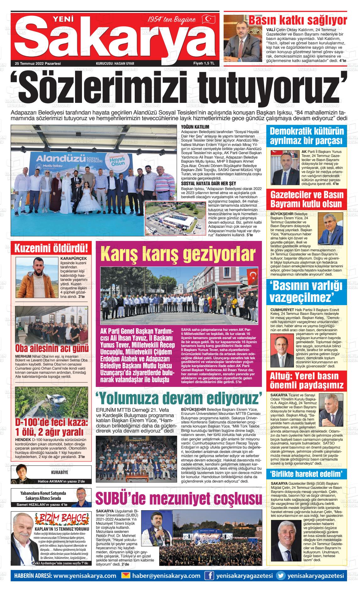 25 Temmuz 2022 Yeni Sakarya Gazete Manşeti