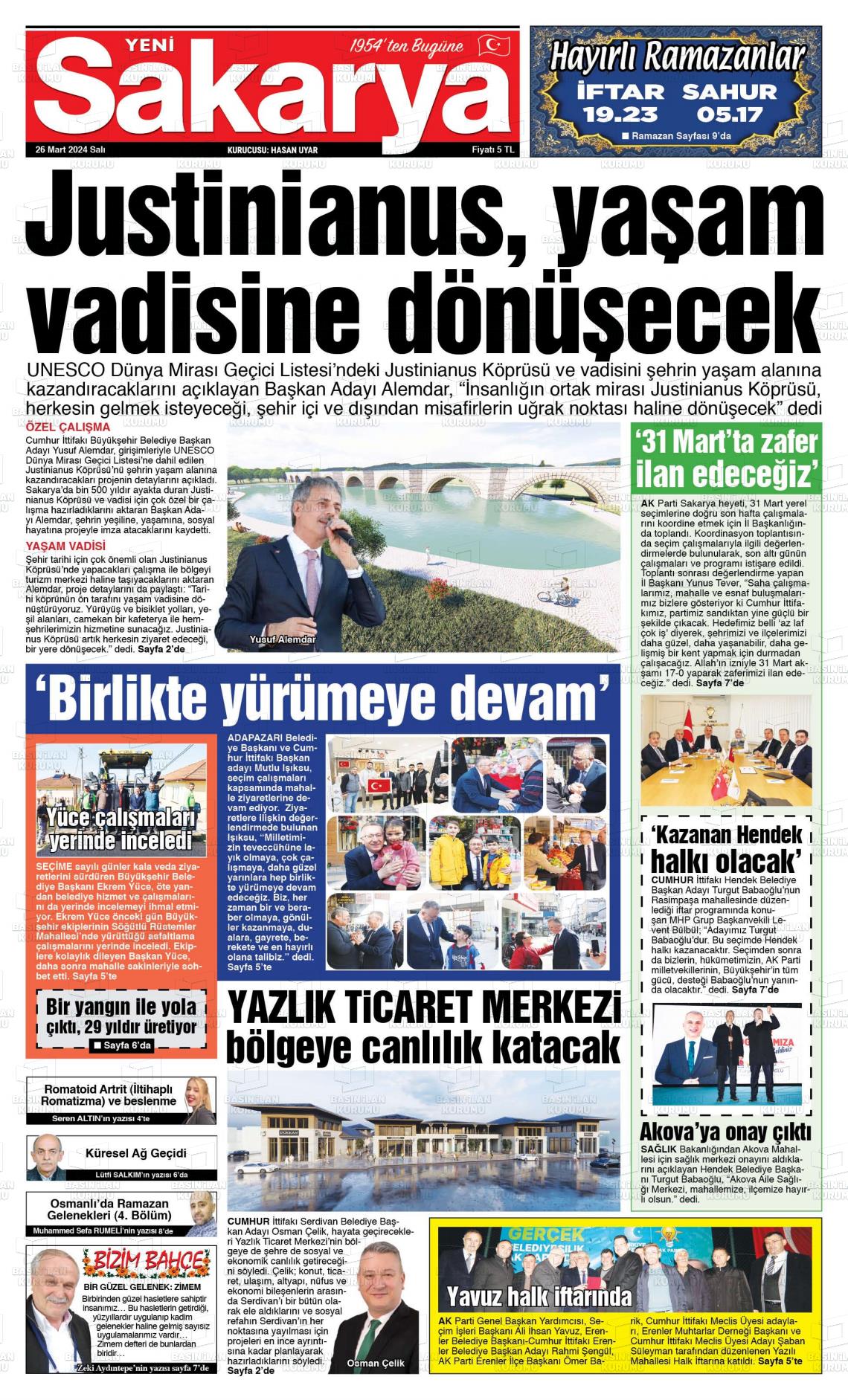 26 Mart 2024 Yeni Sakarya Gazete Manşeti