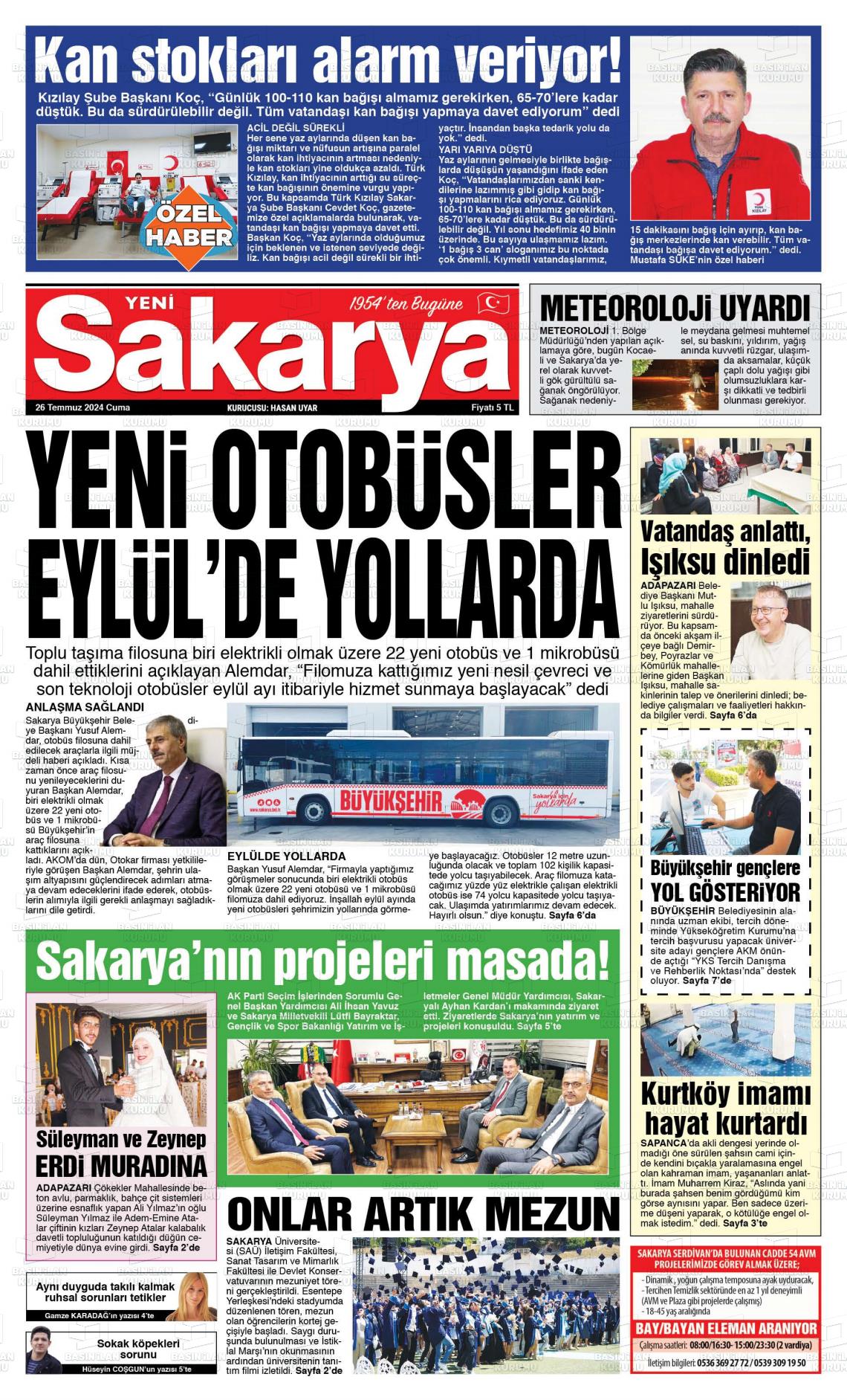 27 Temmuz 2024 Yeni Sakarya Gazete Manşeti