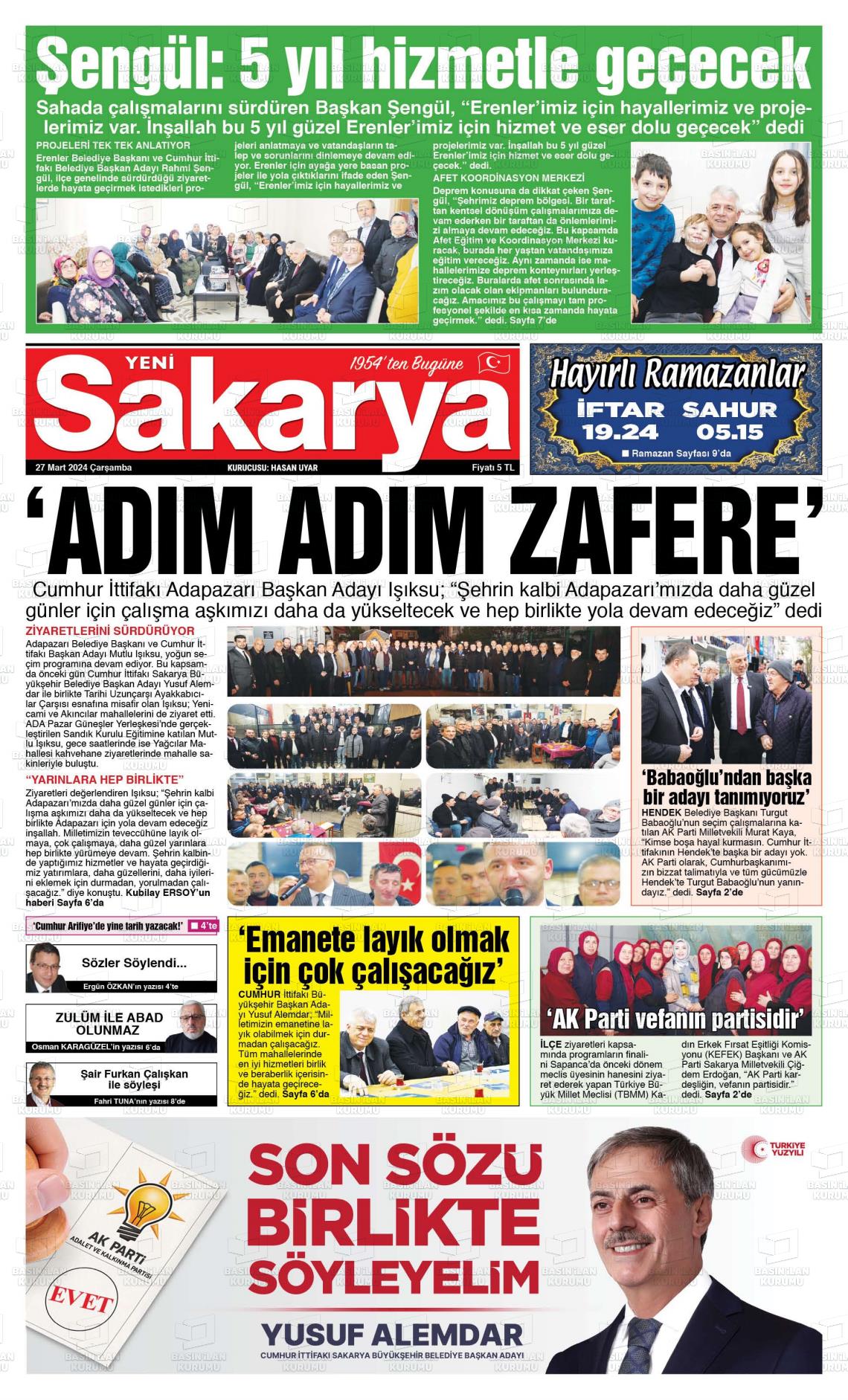 27 Mart 2024 Yeni Sakarya Gazete Manşeti